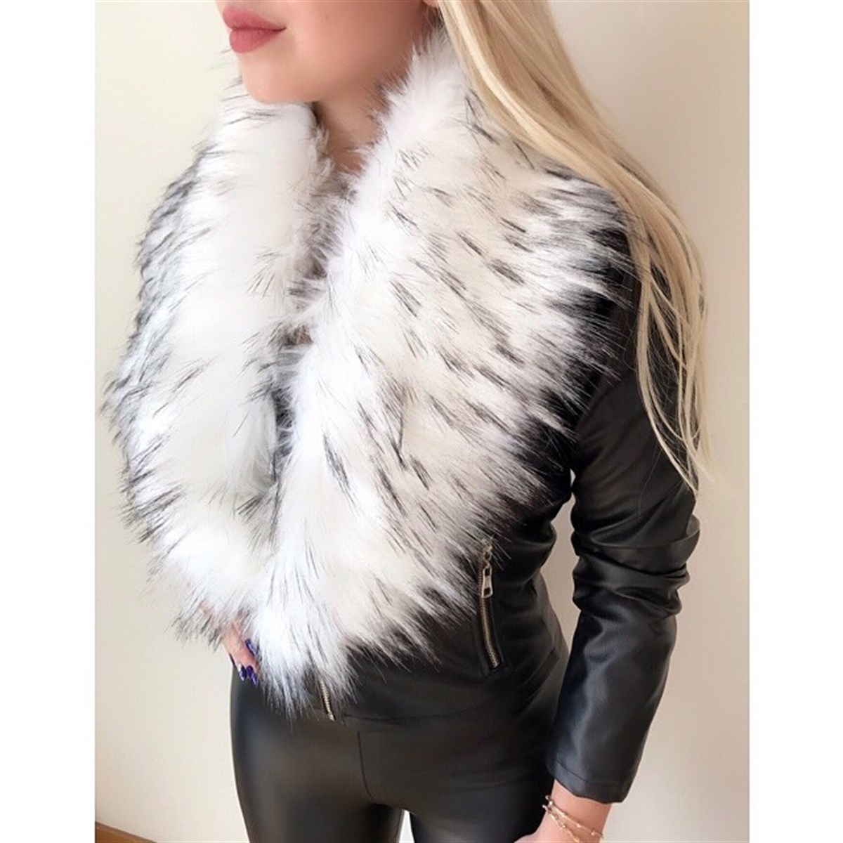 YAKASI ÇIKARTILABİLİR KÜRK DETAYLI SUNİ DERİ CEKET SİYAH DERİ CEKET BLACK LEATHER JACKET GD-005-1