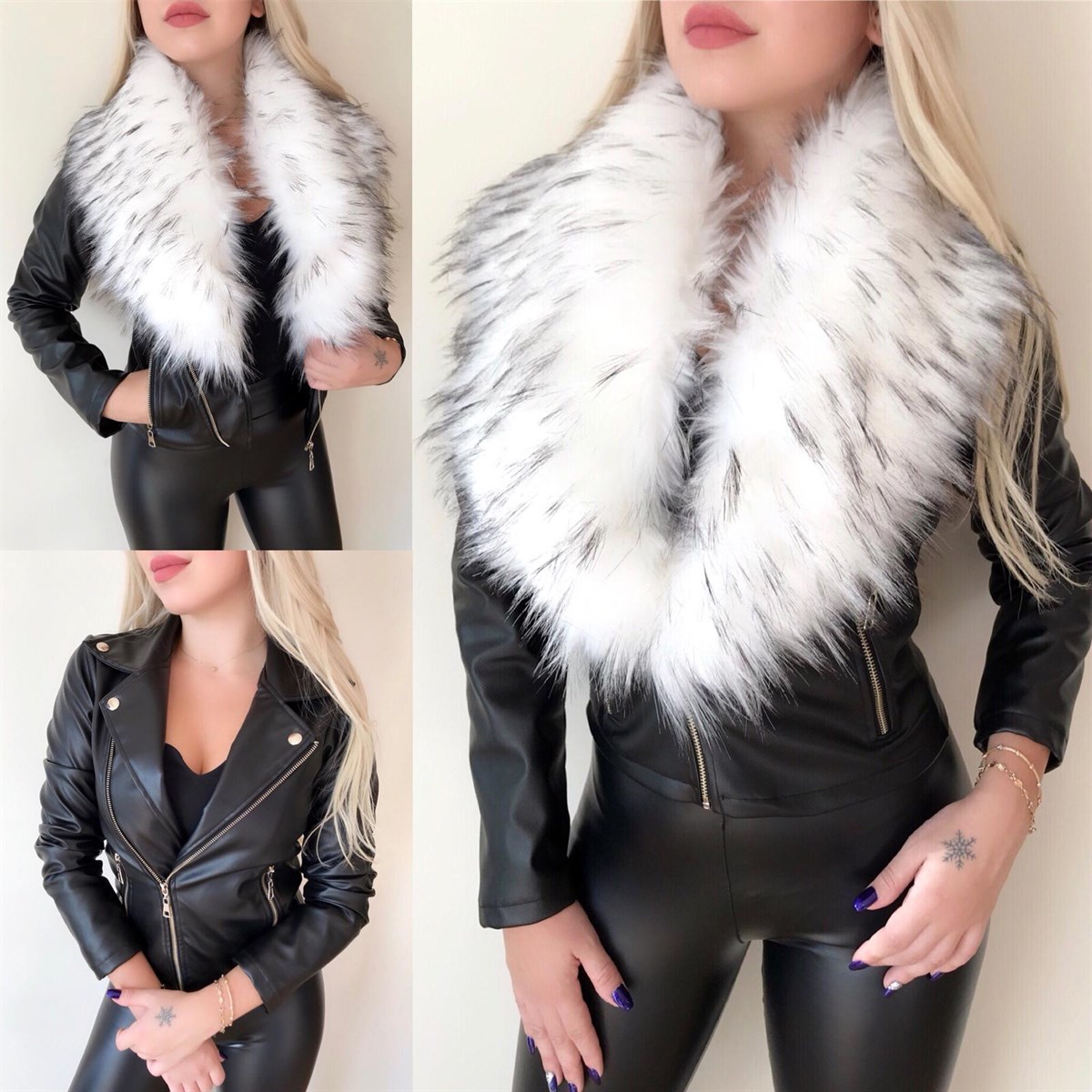 YAKASI ÇIKARTILABİLİR KÜRK DETAYLI SUNİ DERİ CEKET SİYAH DERİ CEKET BLACK LEATHER JACKET GD-005-1