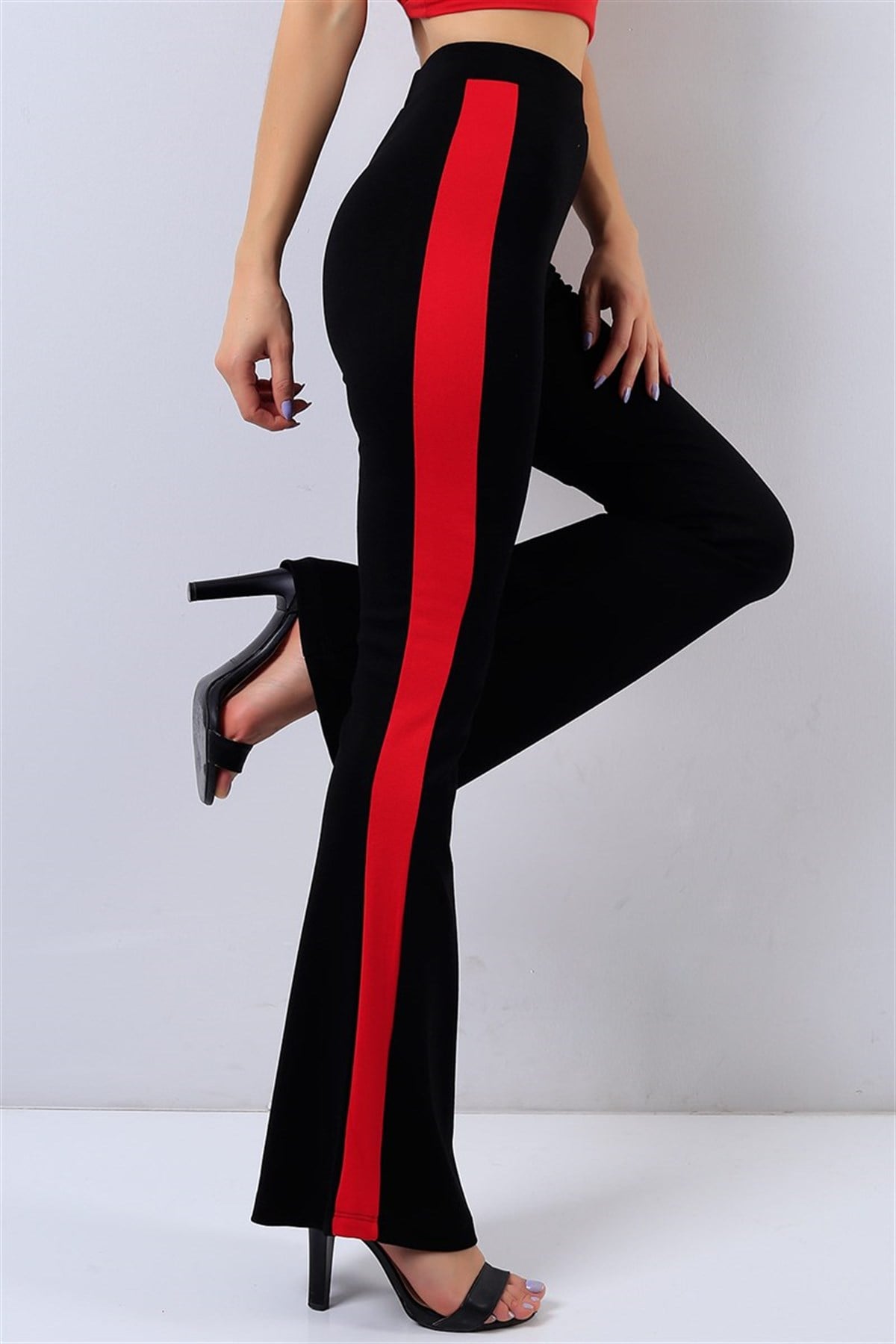 YANI ŞERİT DETAYLI ESNEK KUMAŞ İSPANYOL PAÇA TAYT ESNEK KUMAŞ YÜKSEK BEL TAYT BLACK LEGGINGS MD-18814