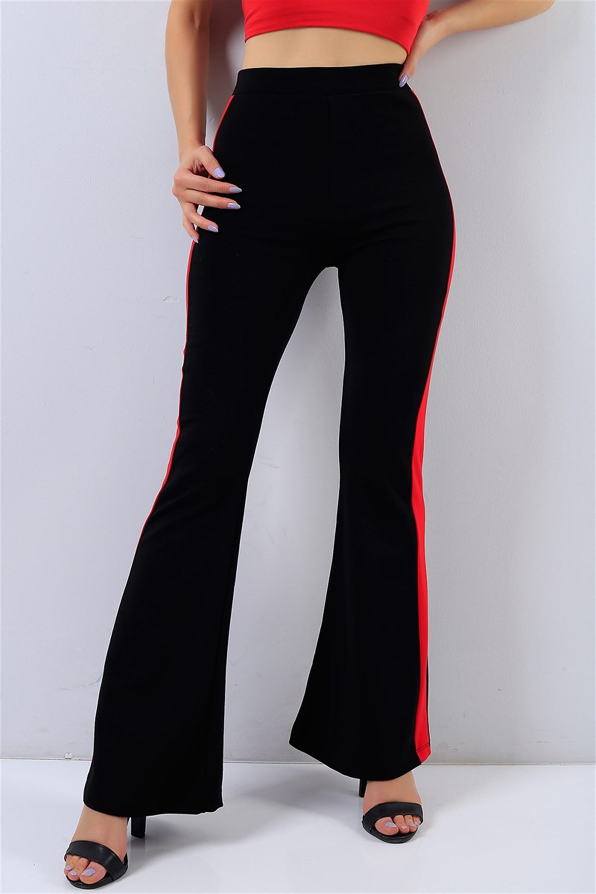YANI ŞERİT DETAYLI ESNEK KUMAŞ İSPANYOL PAÇA TAYT ESNEK KUMAŞ YÜKSEK BEL TAYT BLACK LEGGINGS MD-18814