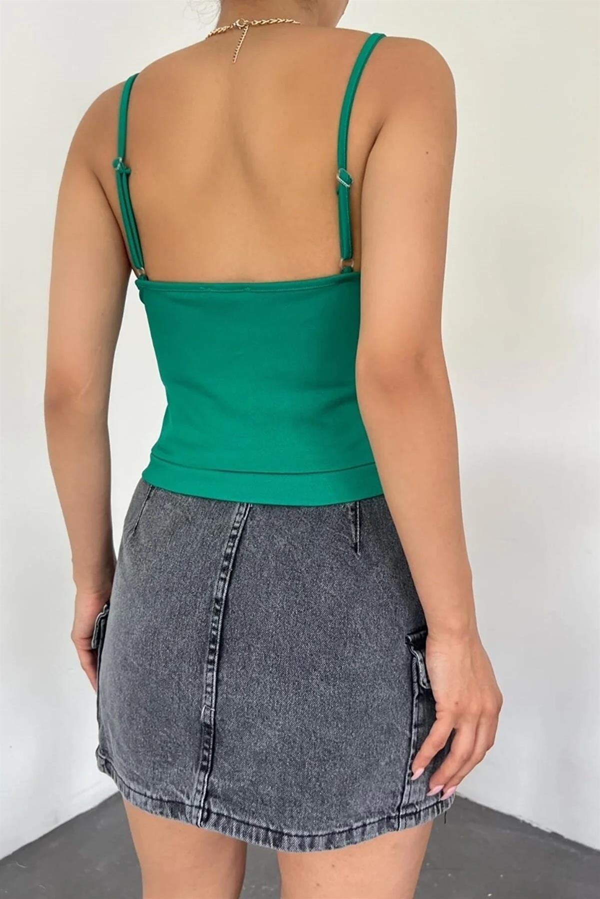 Yeşil Örme Krep Kumaş Askılı Bluz 5076-2