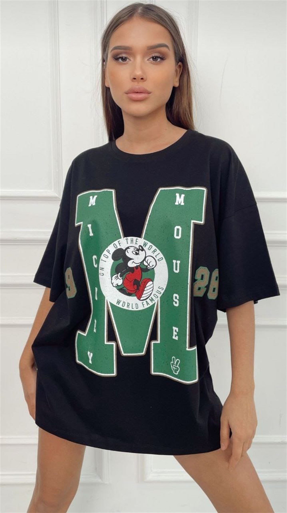 YUVARLAK YAKA OVER SİZE DİSNEY BASKILI SİYAH TUNİK T-SHIRT KTN-001-SİYAH