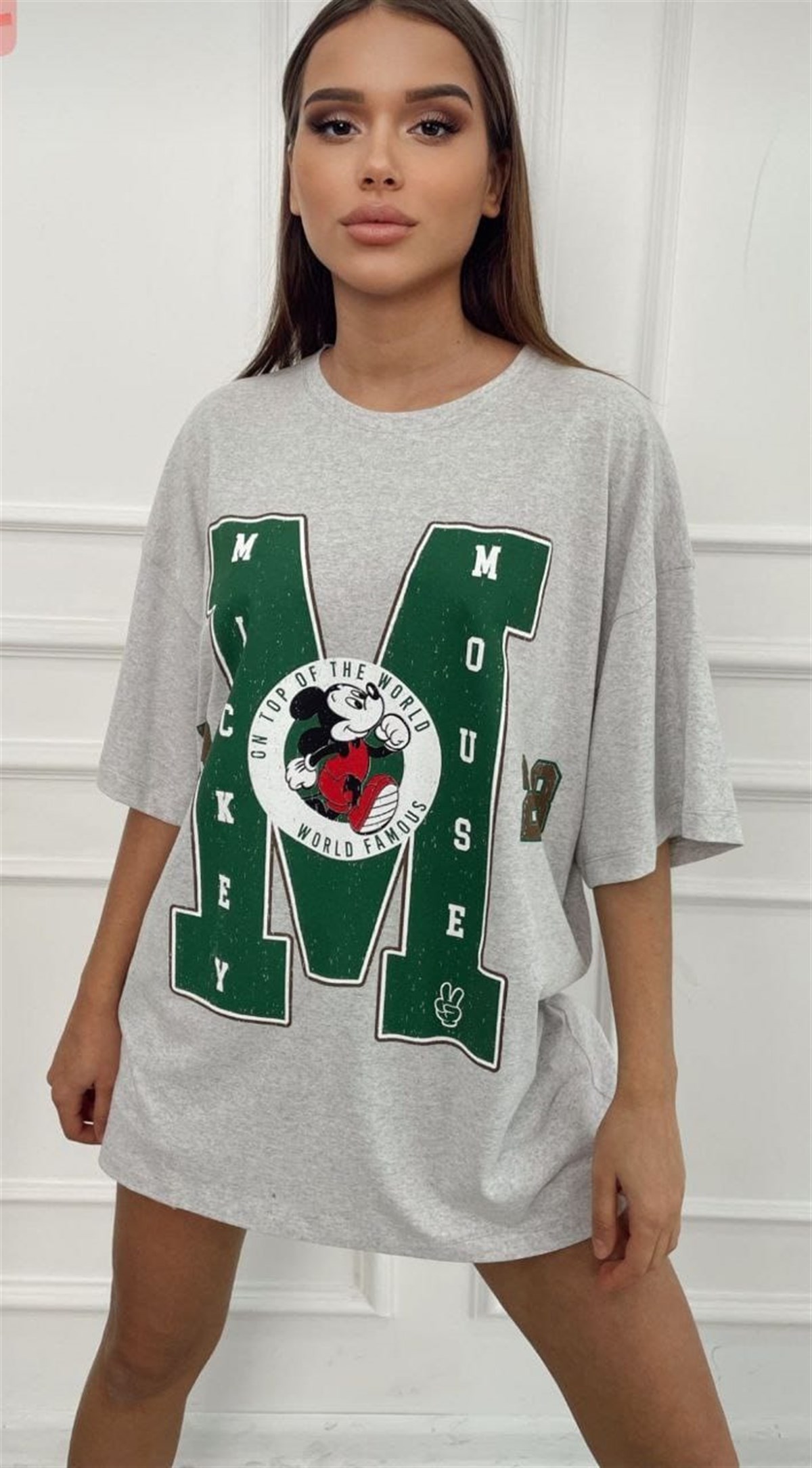 YUVARLAK YAKA OVER SİZE DİSNEY BASKILI YEŞİL TUNİK T-SHIRT KTN-001-YEŞİL