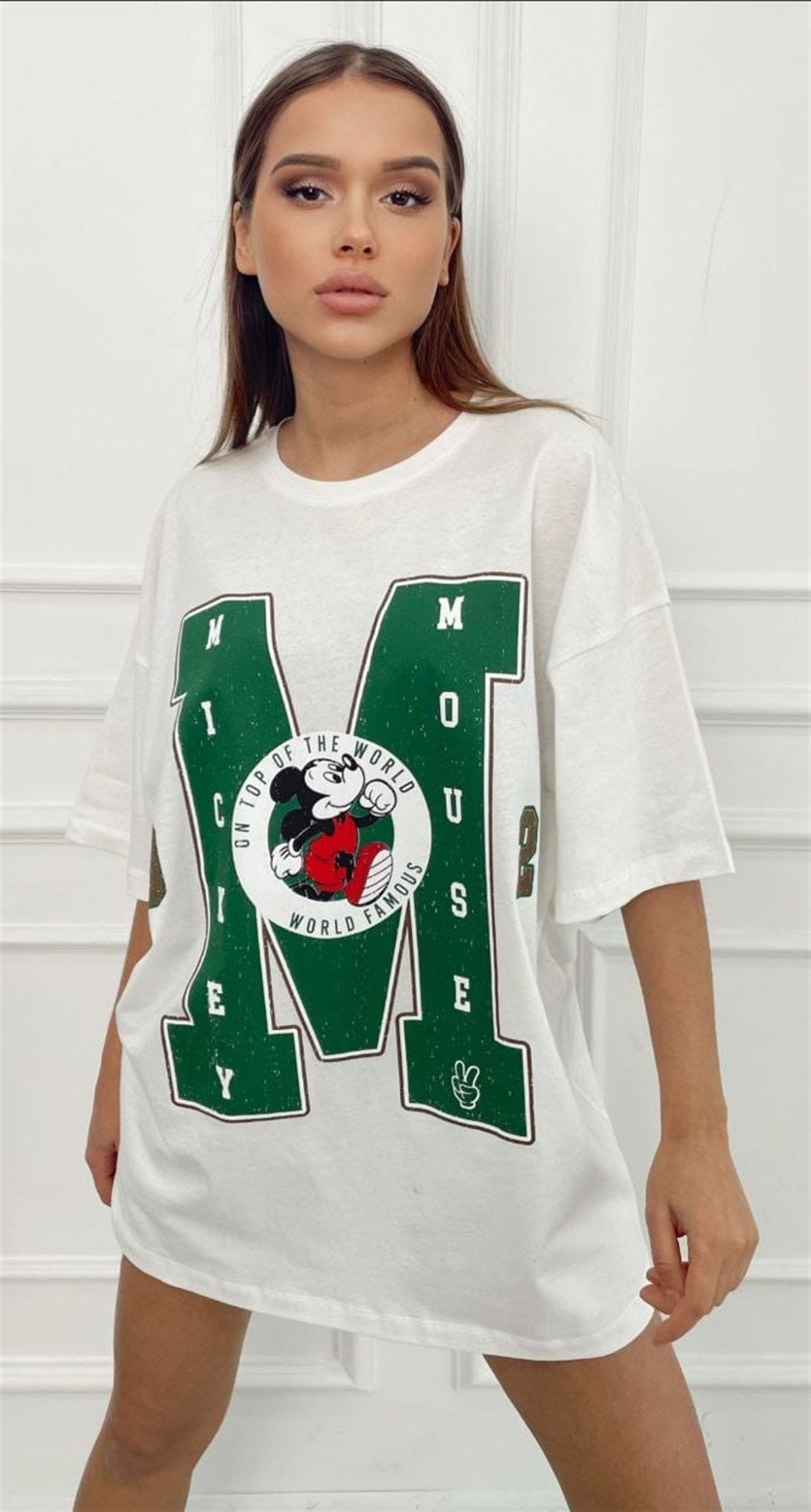 YUVARLAK YAKA OVER SİZE DİSNEY BASKILI BEYAZ TUNİK T-SHIRT KTN-001-BEYAZ