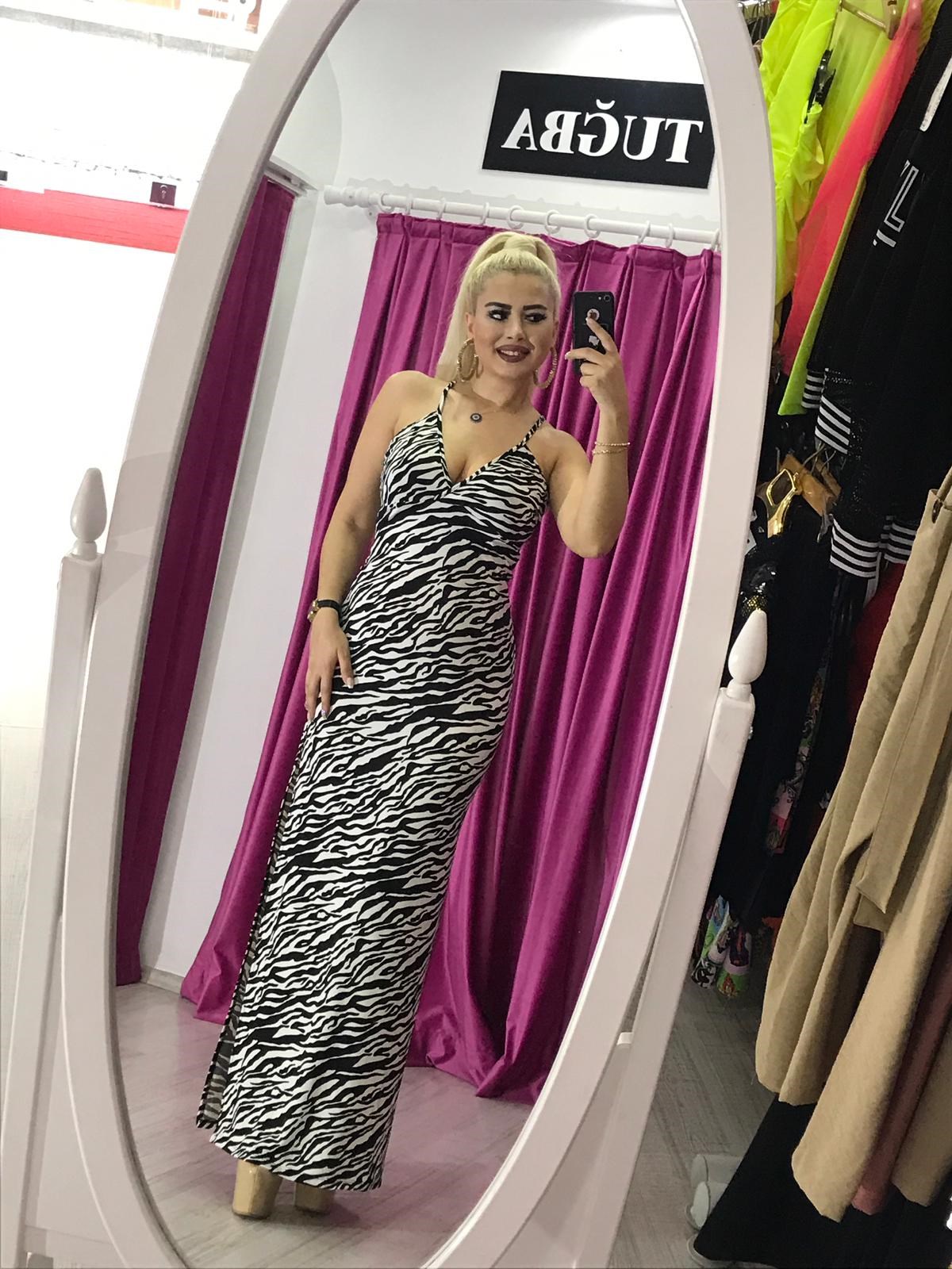 ZEBRA DESENLİ ESNEK KUMAŞ GÖĞÜS DEKOLTELİ YIRTMAÇ DETAY UZUN DEKOLTE ELBİSE LONG DRESS CLUBWEAR GOGO DRESS KY-065-1