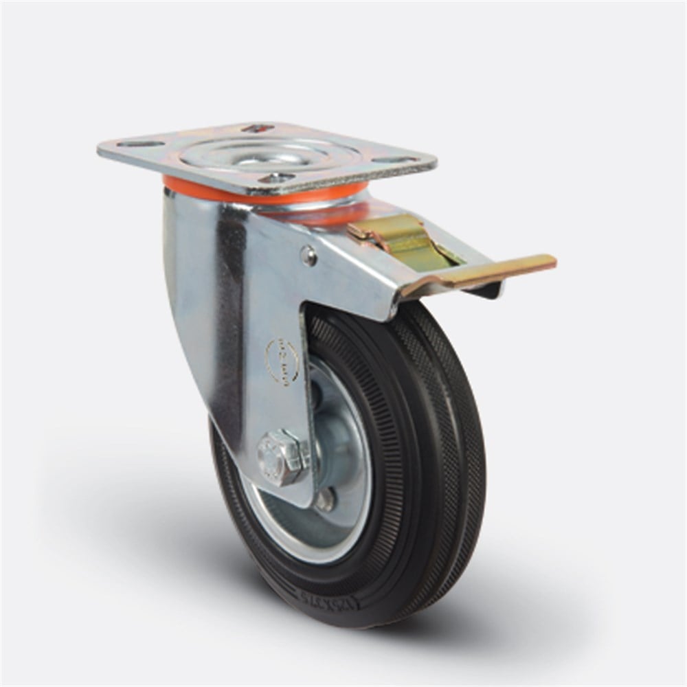 EM01 SPR 125F - Çap:125 Frenli Tablalı Oynak Saç Üzeri Kauçuk Hafif Sanayi Tekerleği - Emes Teker