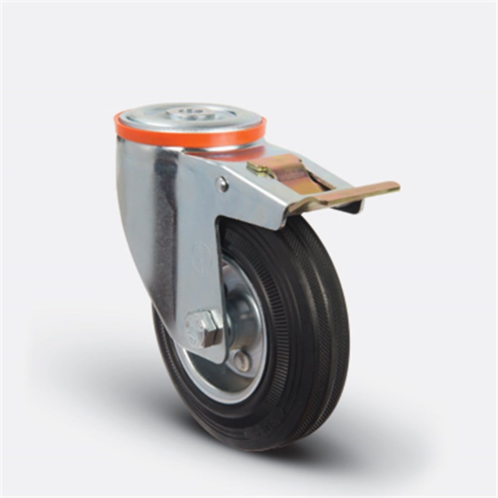 EM04 SPR 80F - Çap:80 Delik Bağlantılı Frenli Saç Üzeri Kauçuk Hafif Sanayi Tekerleği - Emes Teker