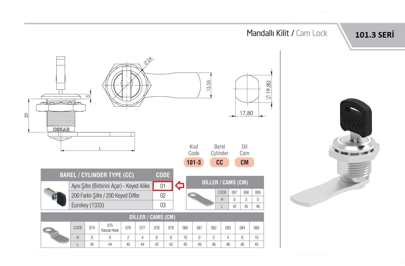 101-3.01.CM - Mandal Kilit - Aynı Şifre - OSKAR - Kilit - Mandallı Kilit