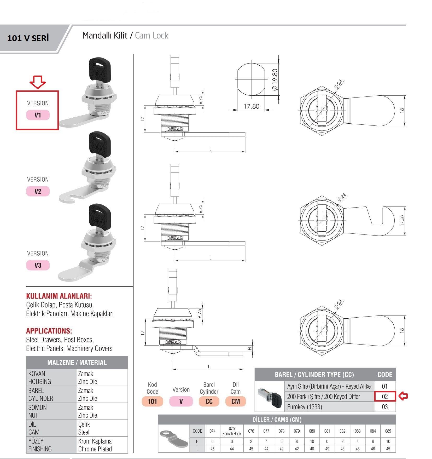 101-V1.02.CM - Mandallı Kilit - Düz Dilli - Farklı Şifreli - OSKAR - Kilit - Çekmece - Soyunma Dolap Kilidi
