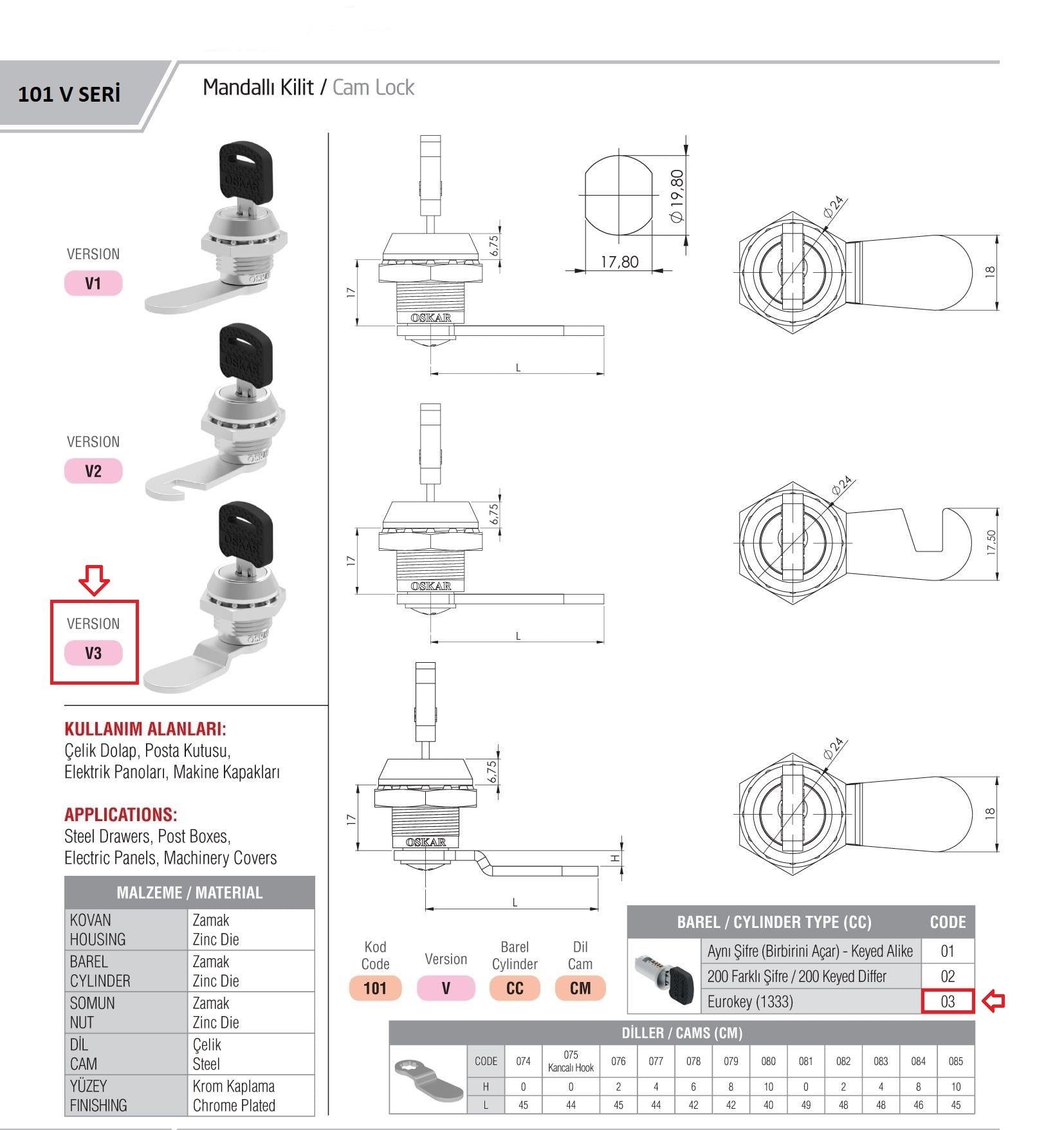 101-V3.03.CM - Eğri Dilli - Euro Key 1333 - OSKAR - Kilit - Çekmece - Soyunma Dolap Kilidi