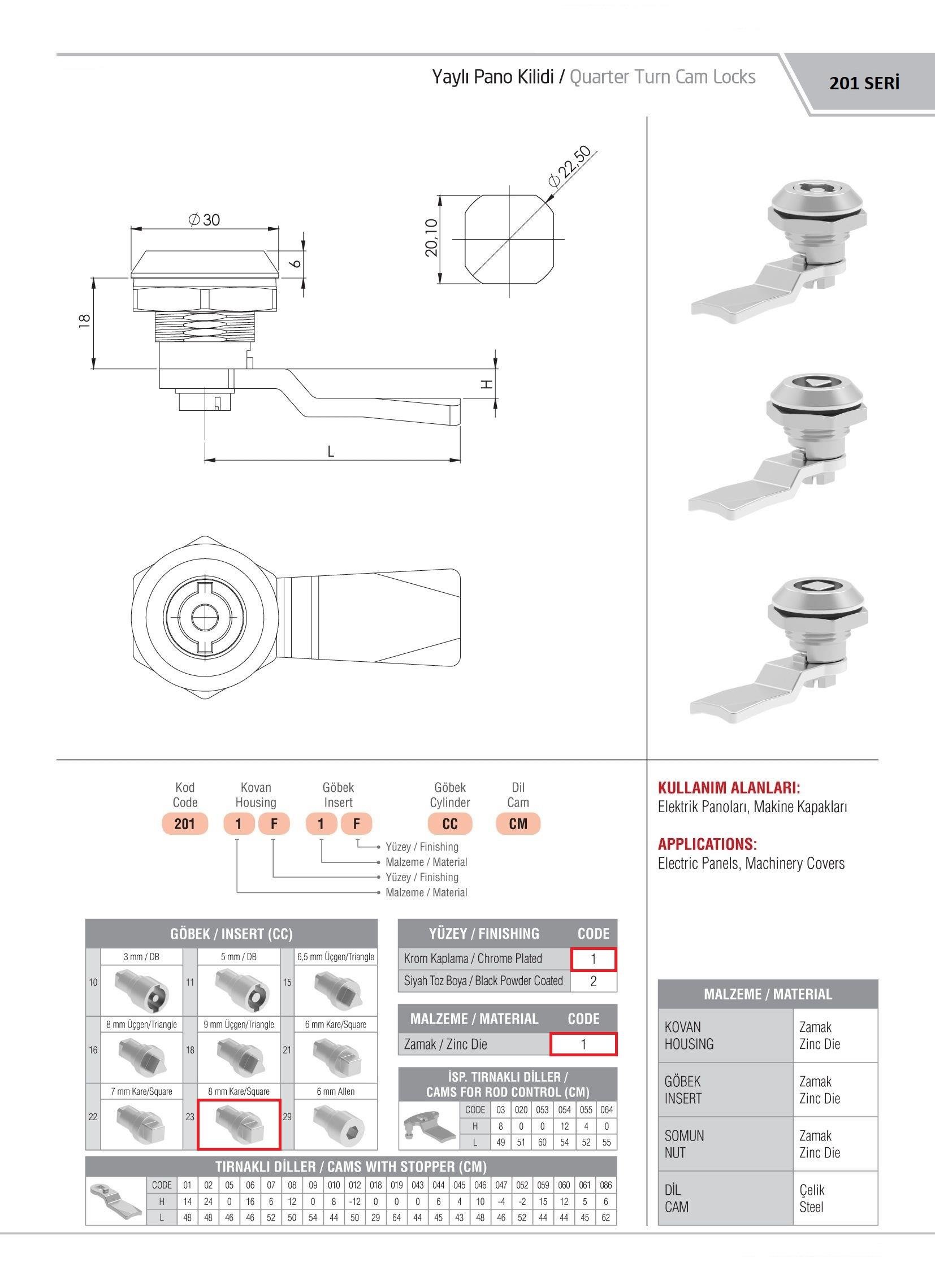201.11.11.23.CM - Yaylı Pano Kilidi Kare Göbek Krom Kaplamalı - OSKAR - Kilit - Yaylı Pano Kilidi
