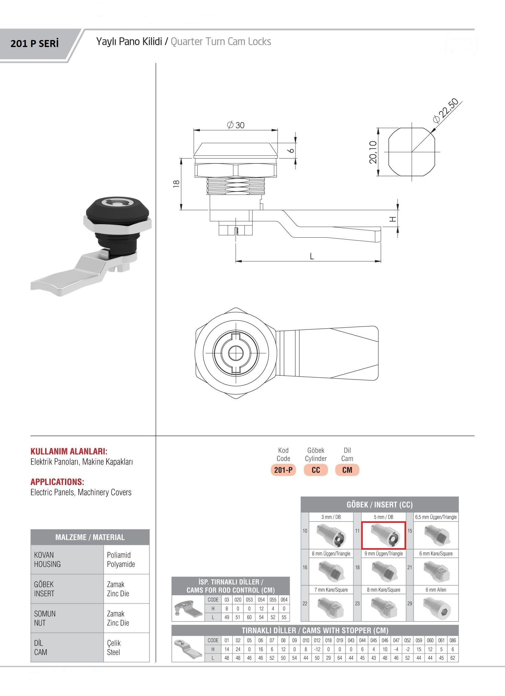 201P.11.CM - Yaylı Pano Kilidi 5MM DB Zamak Göbekli - OSKAR - Kilit - Yaylı Pano Kilidi