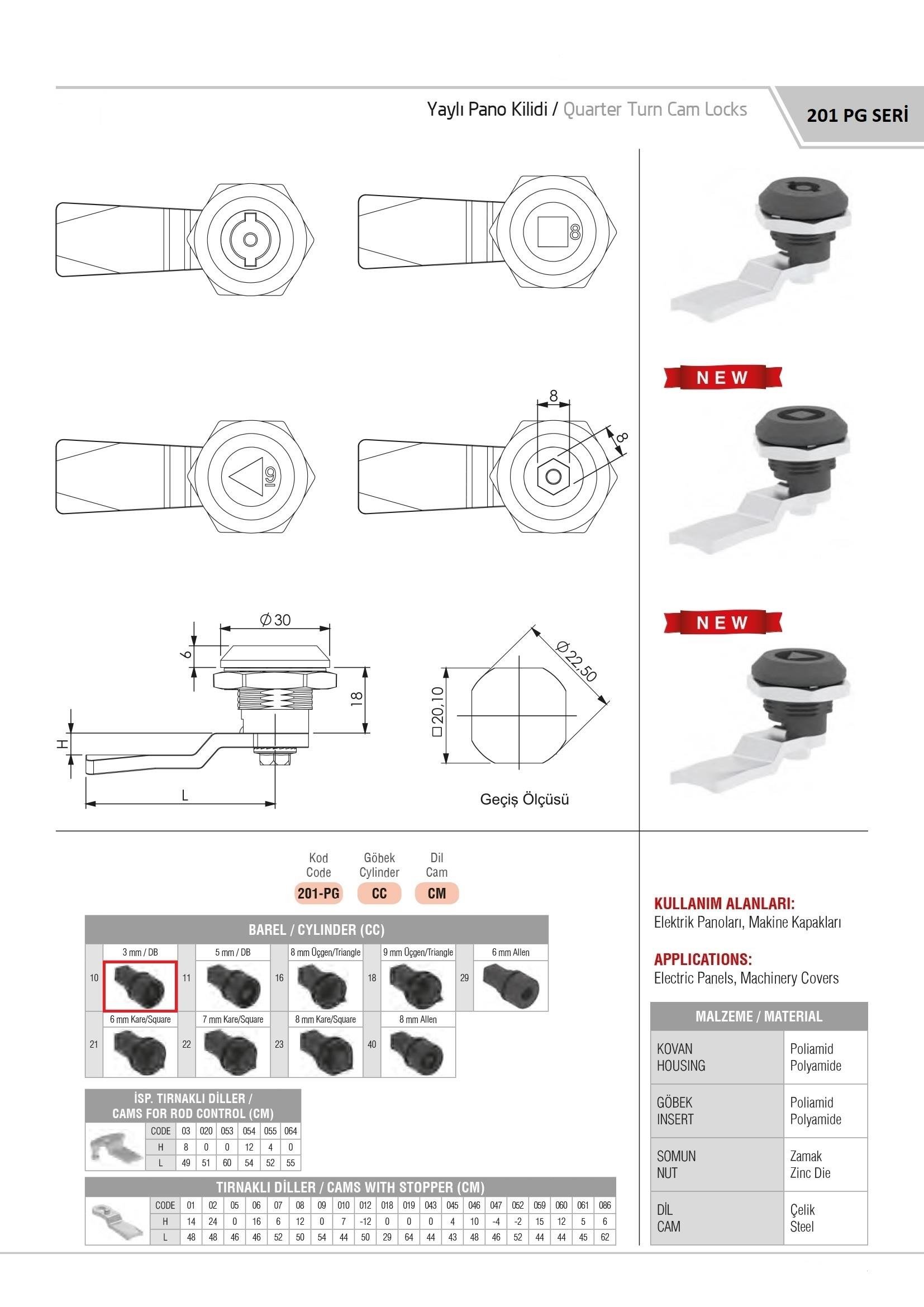 201PG.10.CM - Yaylı Pano Kilidi 3 MM DB Plastik Göbekli - OSKAR - Kilit - Yaylı Pano Kilidi