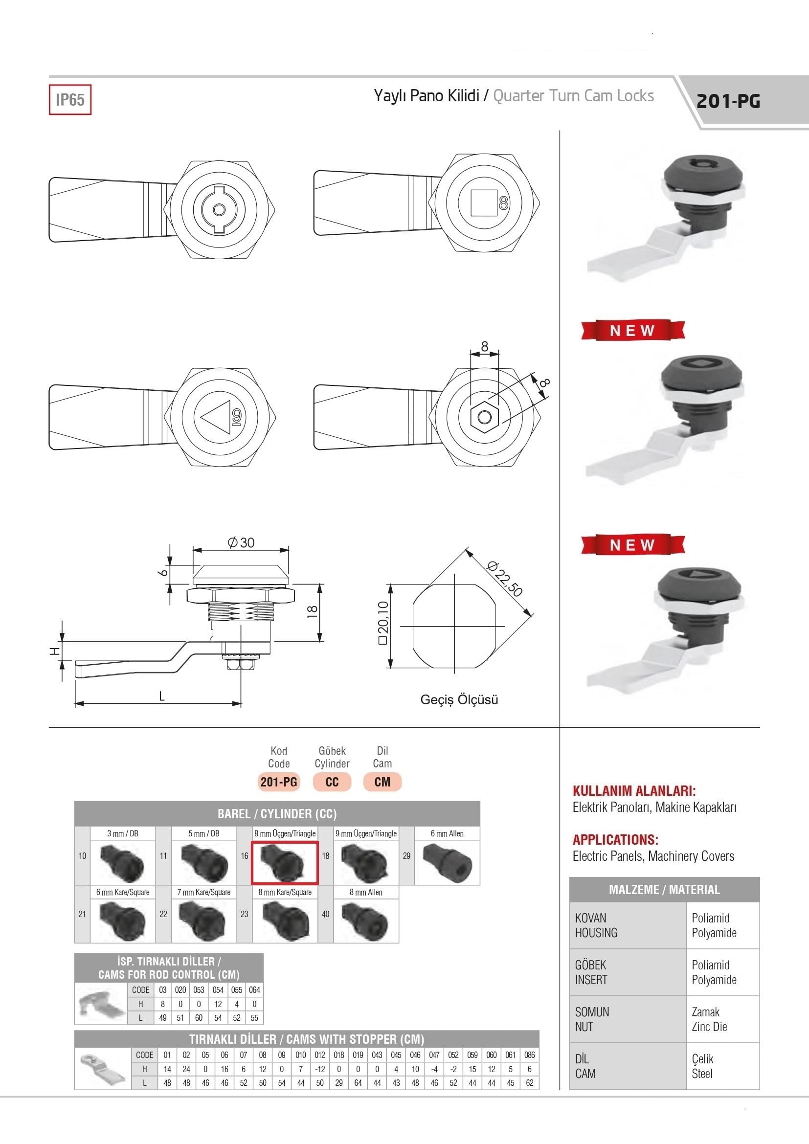 201PG.16.CM - Yaylı Pano Kilidi Üçgen Plastik Göbekli - OSKAR - Kilit - Yaylı Pano Kilidi