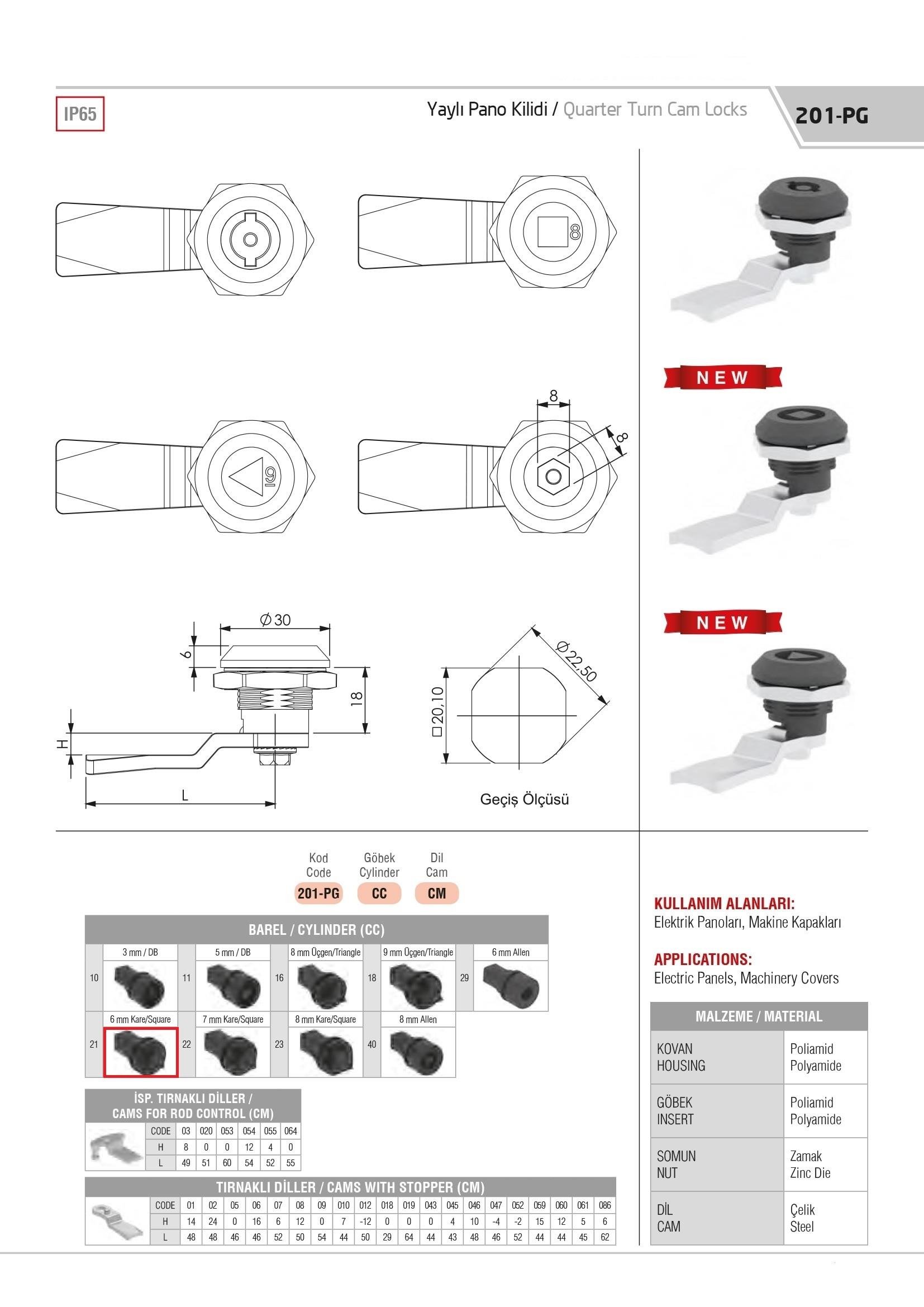 201PG.21.CM - Yaylı Pano Kilitli Kare Plastik Göbekli - OSKAR - Kilit - Yaylı Pano Kilidi