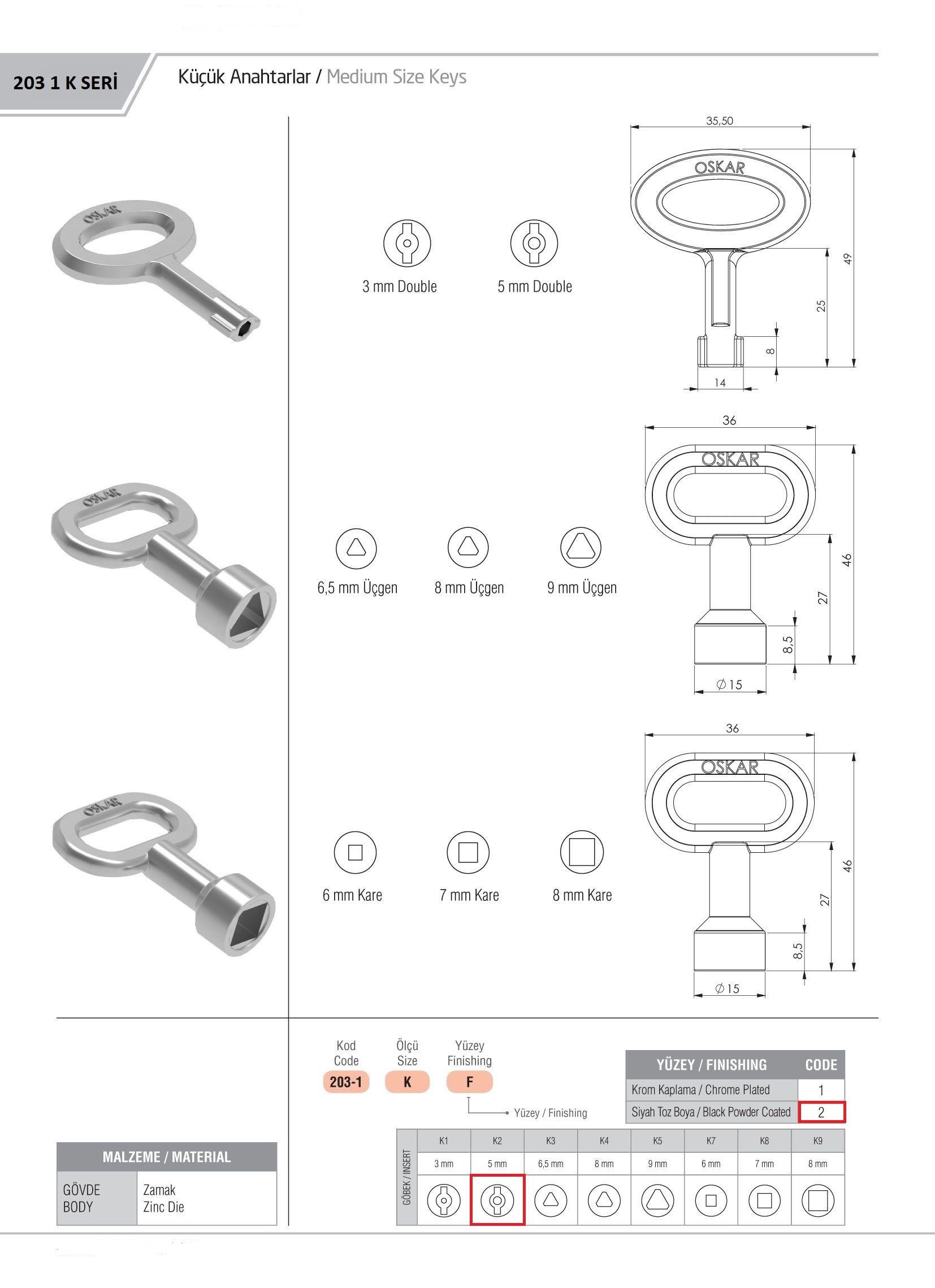 203-1.K2.2 - Küçük Boy 5MM DB Anahtar Siyah Boyalı - OSKAR - Kilit - Yaylı Pano Kilit Anahtarı - Küçük Boy