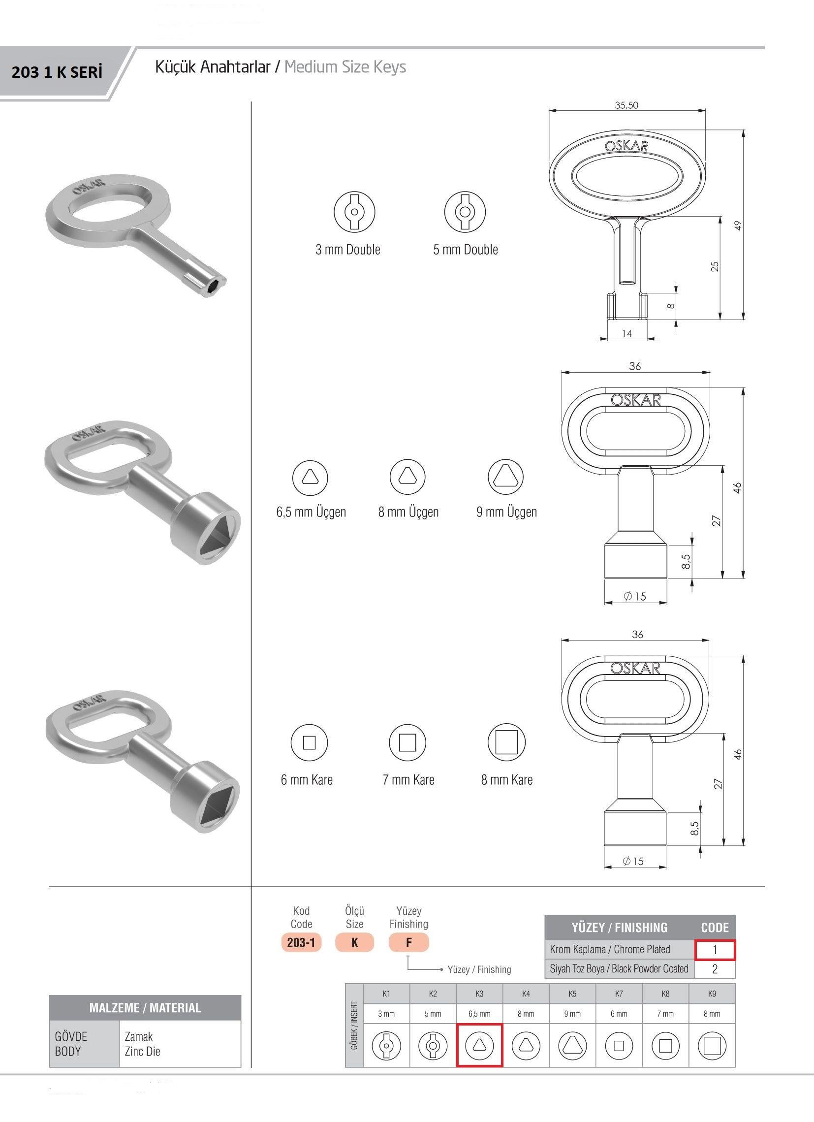 203-1.K3.1 - Küçük Boy 6,5 Üçgen Anahtar Krom Kaplama - OSKAR - Kilit - Yaylı Pano Kilit Anahtarı - Küçük Boy