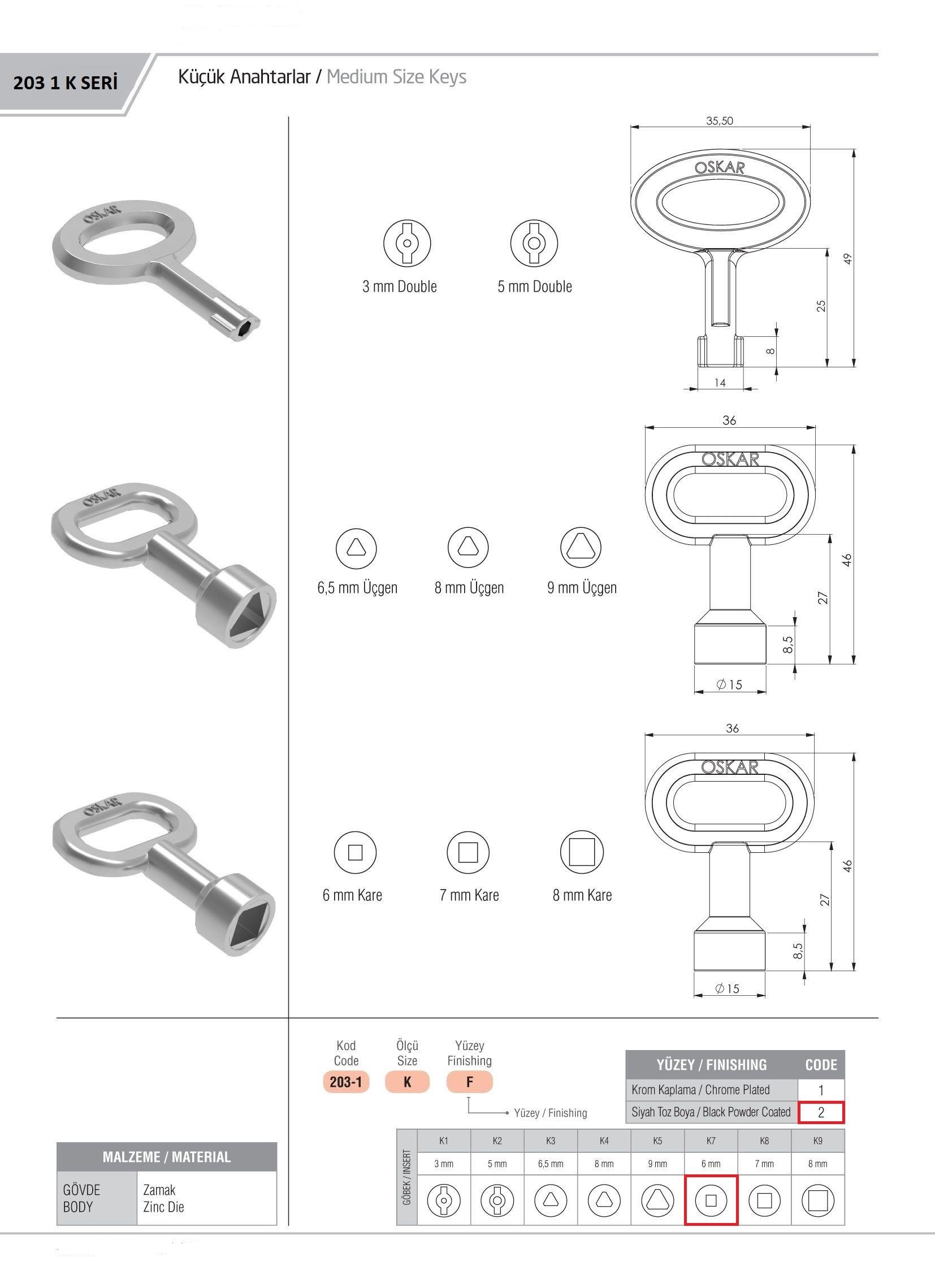 203-1.K7.2 - Küçük Boy 6MM Kare Anahtar Siyah Boyalı - OSKAR - Kilit - Yaylı Pano Kilit Anahtarı - Küçük Boy