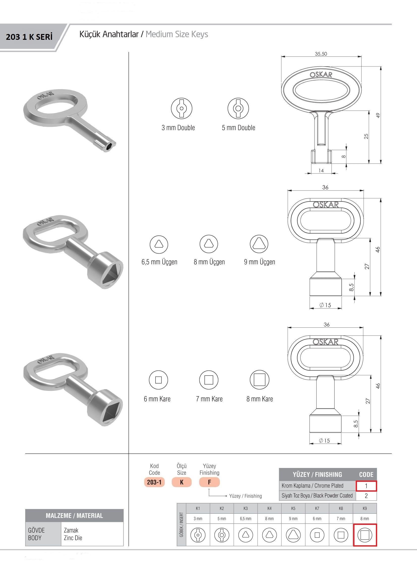 203-1.K9.1 - Küçük Boy 8MM Kare Anahtar Krom Kaplama - OSKAR - Kilit - Yaylı Pano Kilit Anahtarı - Küçük Boy