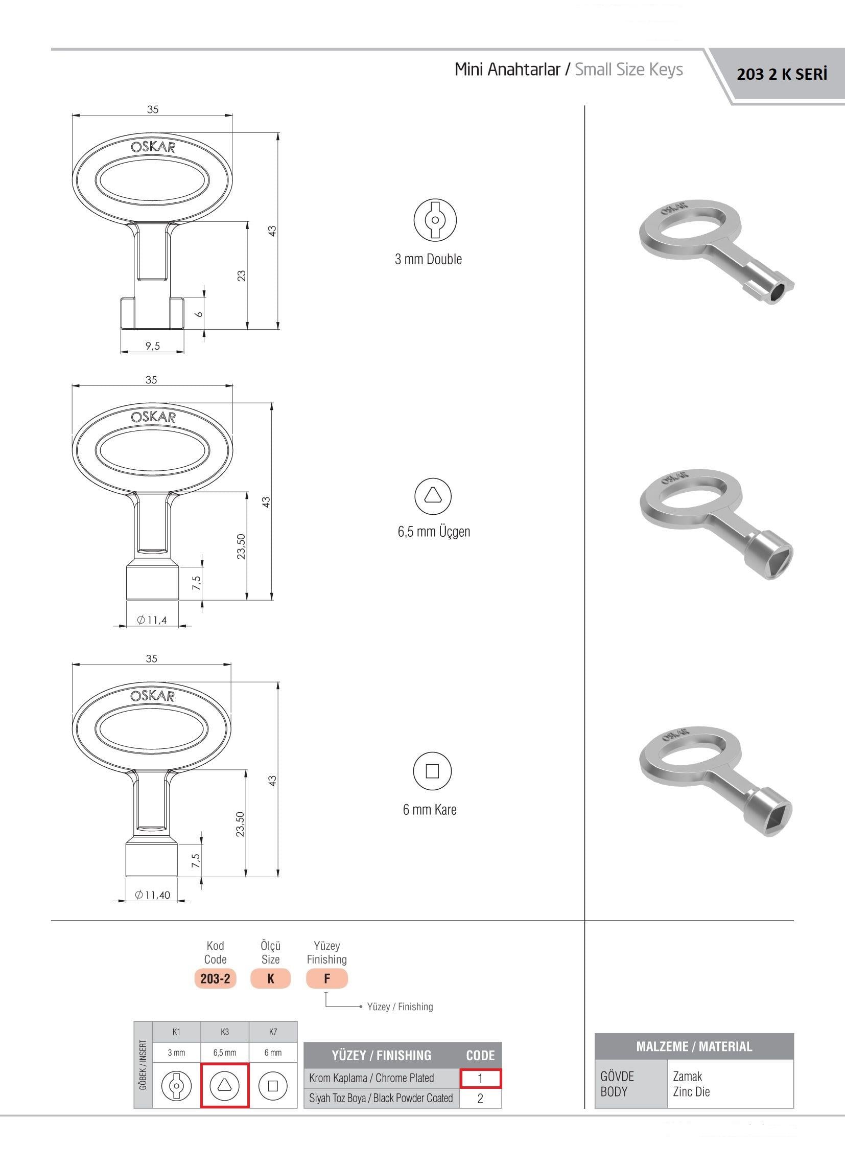 203-2.K3.1 - Mini Boy 6,5MM Üçgen Anahtar Krom Kaplama - OSKAR - Kilit - Yaylı Pano Kilit Anahtarı - Mini Boy