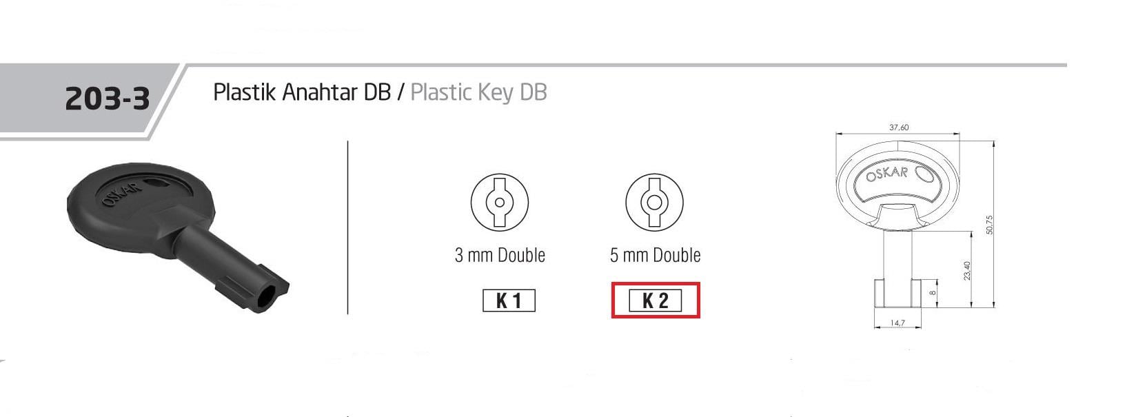 203-3.K2 - Plastik 5MM DB Anahtar - OSKAR - Kilit - Yaylı Pano Kilit Anahtarı - Mini Boy