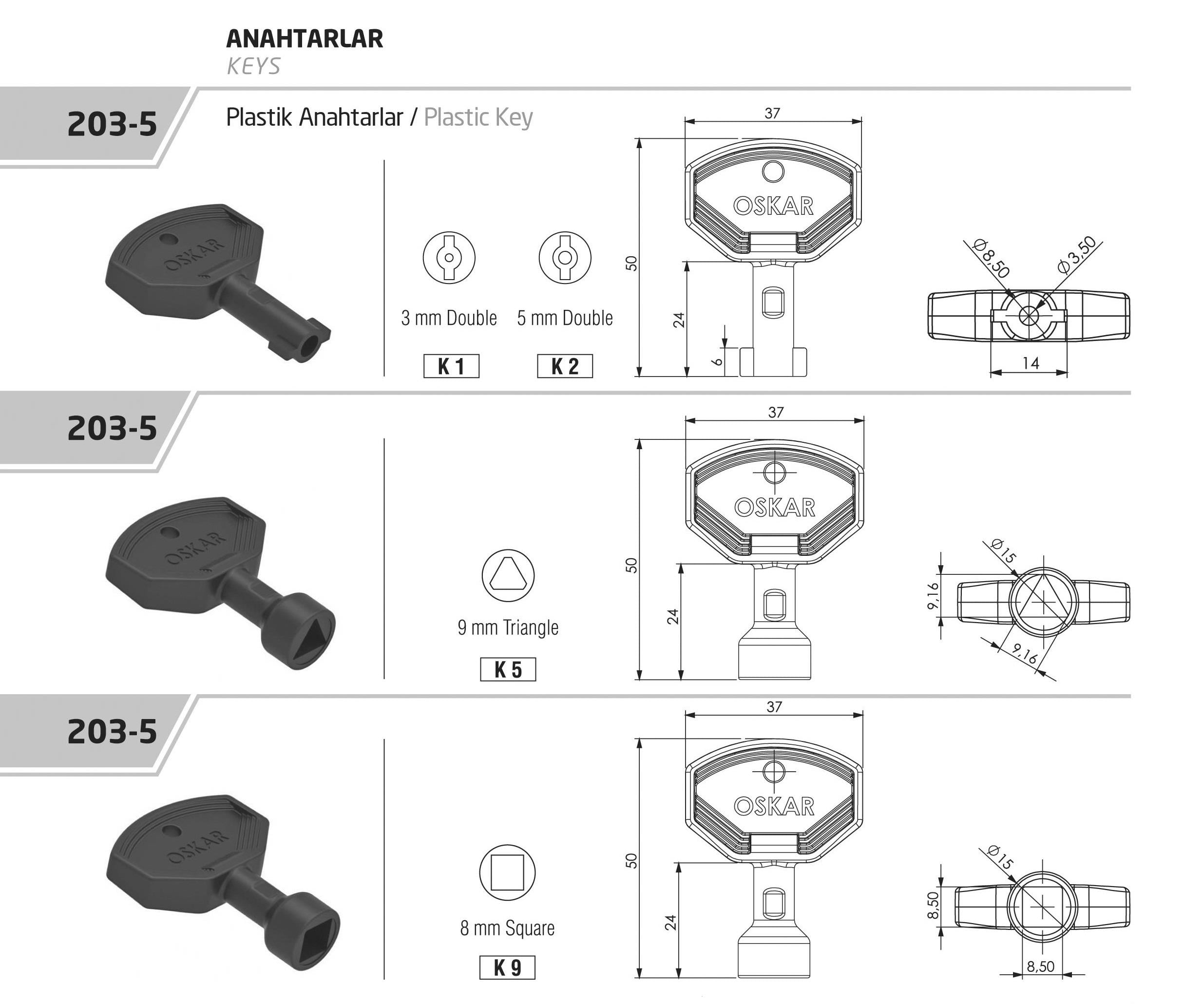 203-5.K1 - Plastik 3MM DB Anahtar - OSKAR - Kilit - Yaylı Pano Kilit Anahtarı - Mini Boy