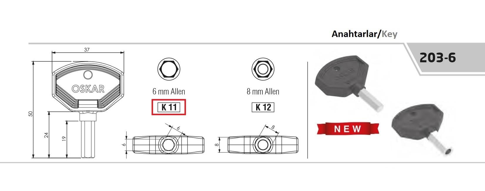 203-6 K11 - Plastik 6MM Allen Anahtar - OSKAR - Kilit - Yaylı Pano Kilit Anahtarı - Mini Boy