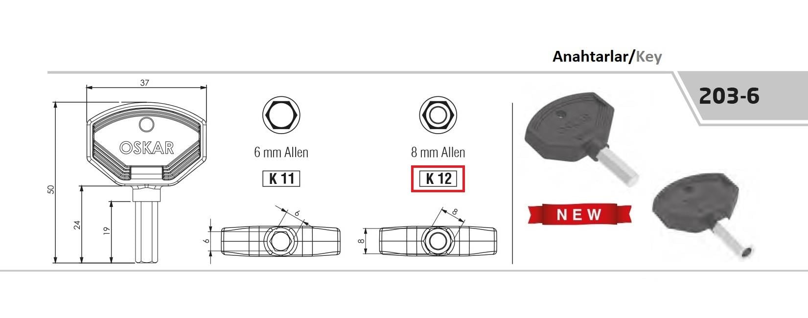 203-6 K12 - Plastik 8 Mm Allen Anahtar ( İç Kısım 5MMx8MM Delikli ) - OSKAR - Kilit - Yaylı Pano Kilit Anahtarı - Mini Boy