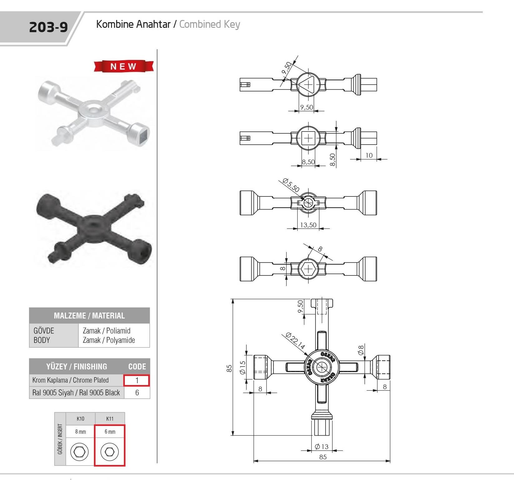 203-9.1.K11 - Kombine Anahtar Zamak (6MM Allen ) - OSKAR - Kilit - Yaylı Pano Kilit Anahtarı - Mini Boy