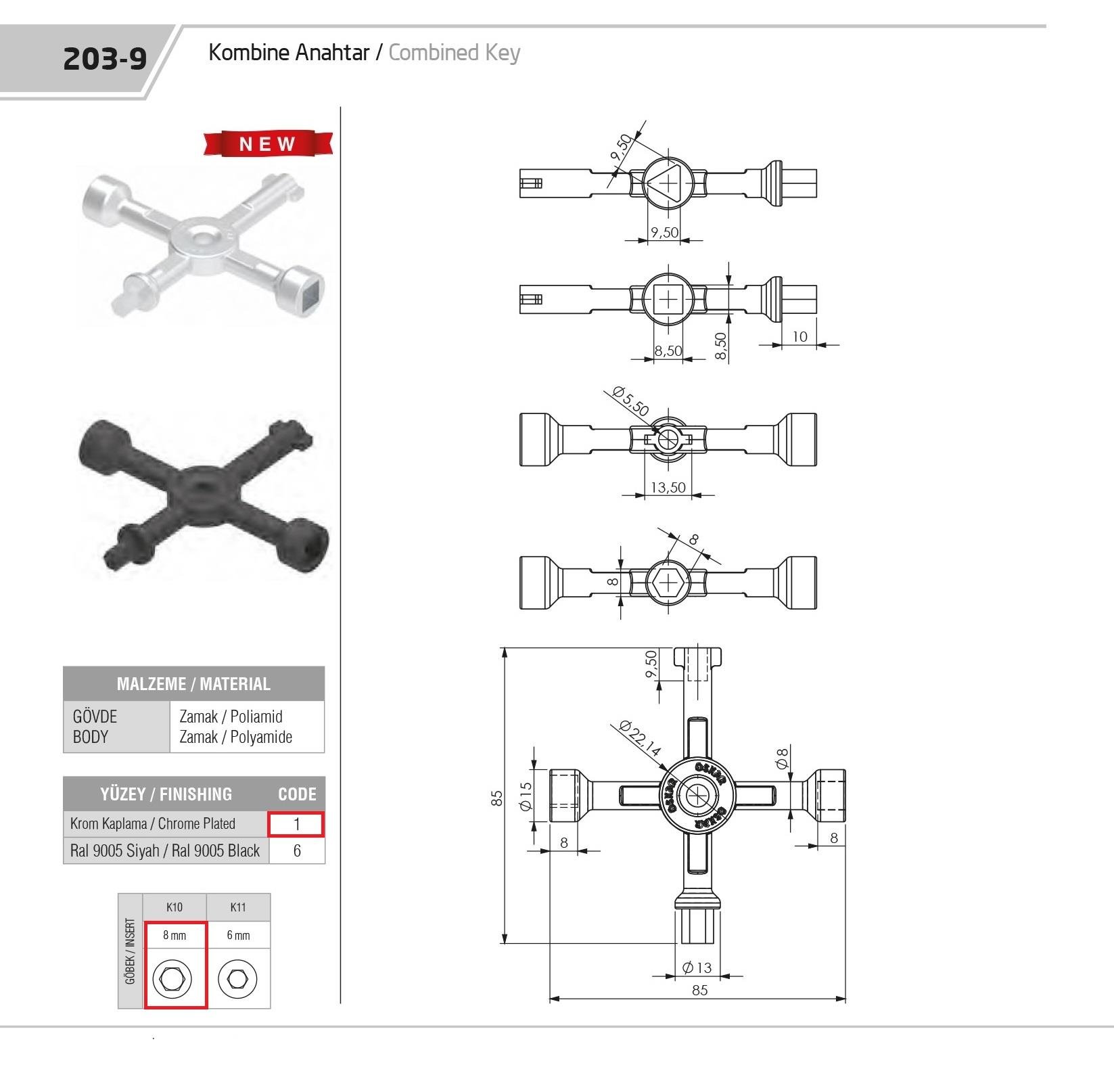 203-9.1.K10 - Kombine Anahtar Zamak (8MM Allen ) - OSKAR - Kilit - Yaylı Pano Kilit Anahtarı - Mini Boy