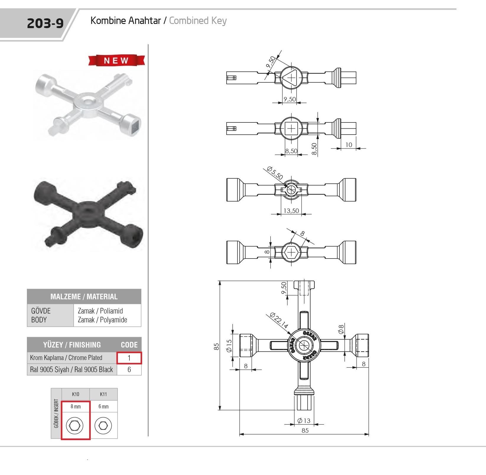 203-9.2.K10 - Kombine Anahtar Plastik (8MM Allen ) - OSKAR - Kilit - Yaylı Pano Kilit Anahtarı - Mini Boy