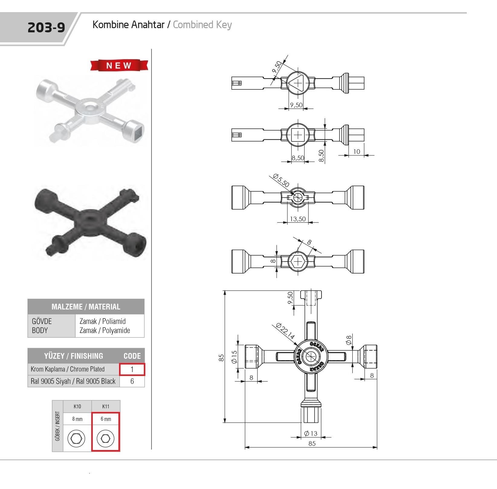 203-9.2.K11 - Kombine Anahtar Plastik (6MM Allen ) - OSKAR - Kilit - Yaylı Pano Kilit Anahtarı - Mini Boy