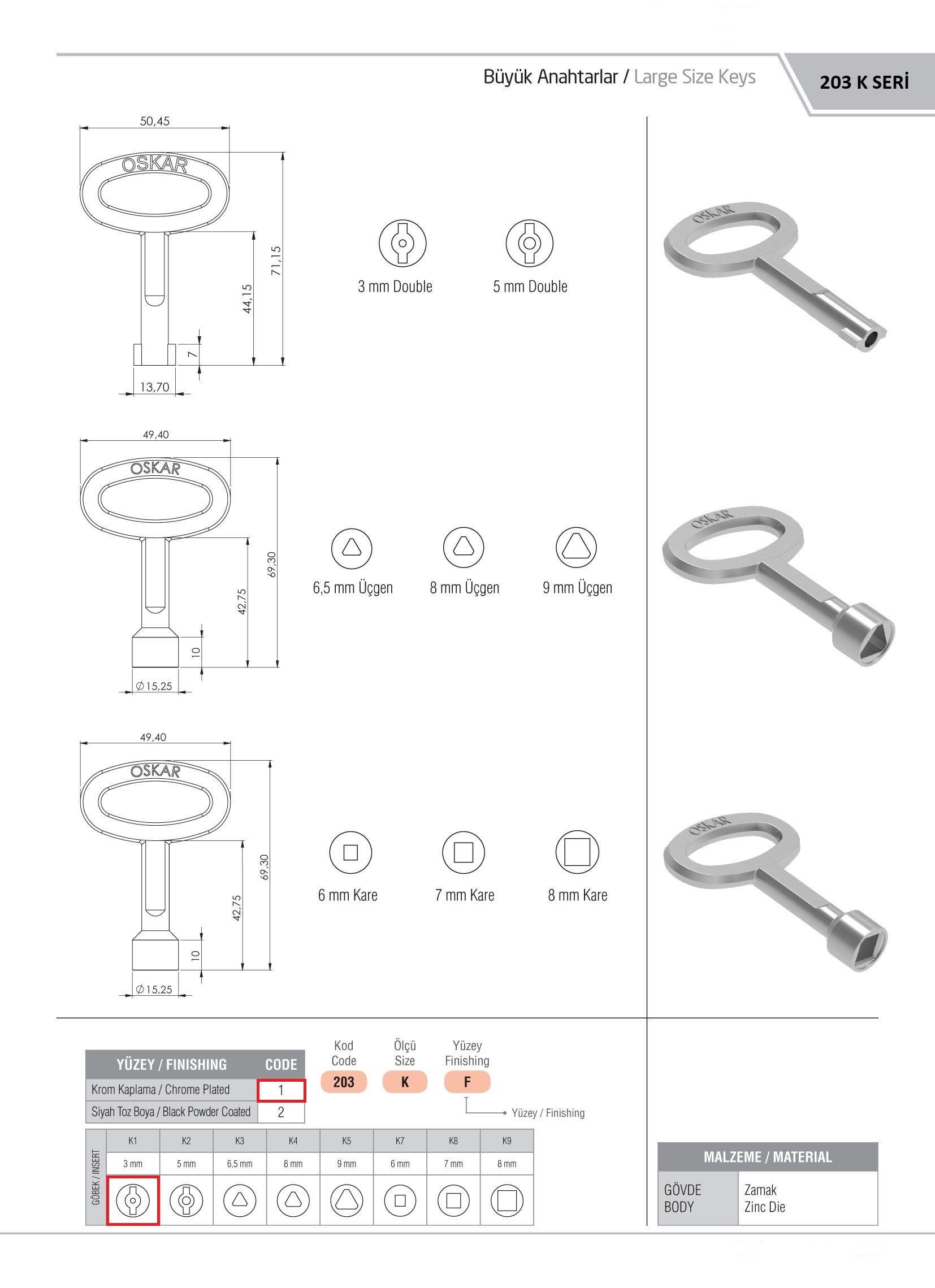 203.K1.1 - Büyük Boy 3MM DB Anahtar Krom Kaplama - OSKAR - Kilit - Yaylı Pano Kilit Anahtarı - Büyük Boy