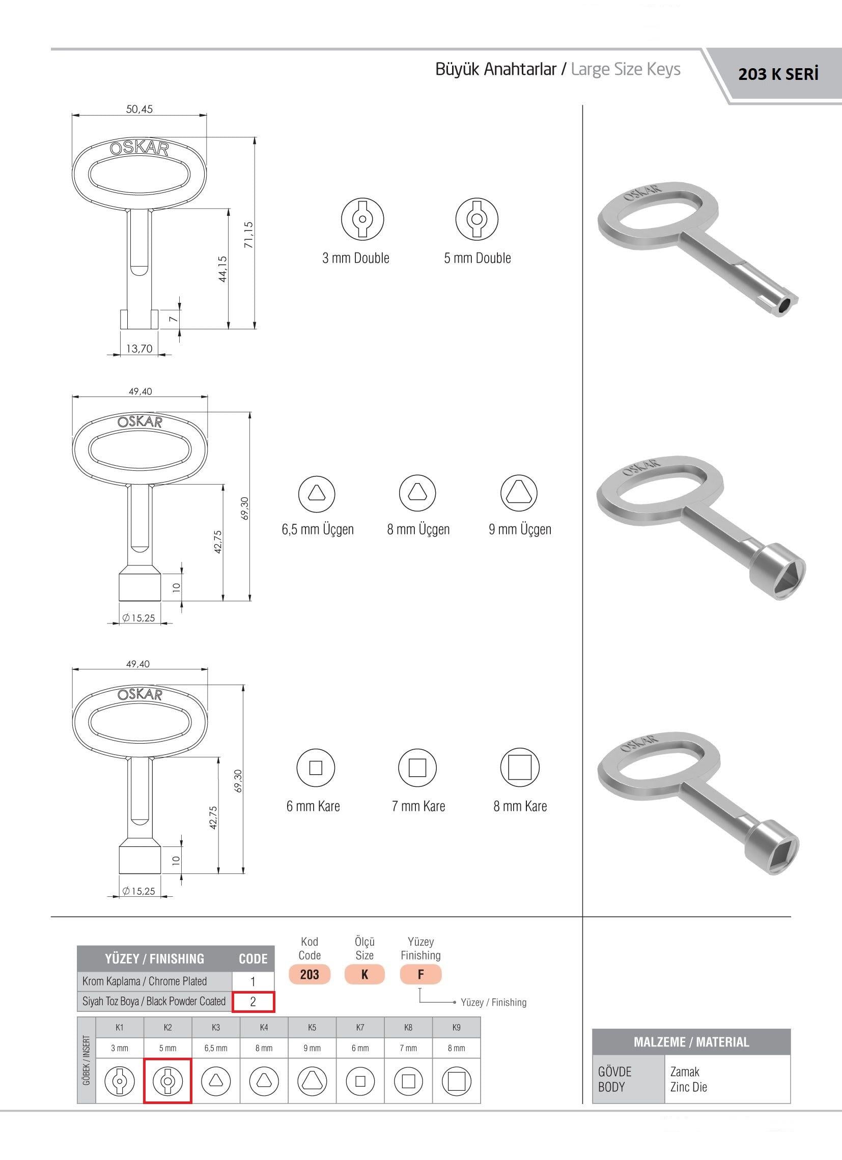 203.K2.2 - Büyük Boy 5MM DB Anahtar Siyah Boyalı - OSKAR - Kilit - Yaylı Pano Kilit Anahtarı - Büyük Boy