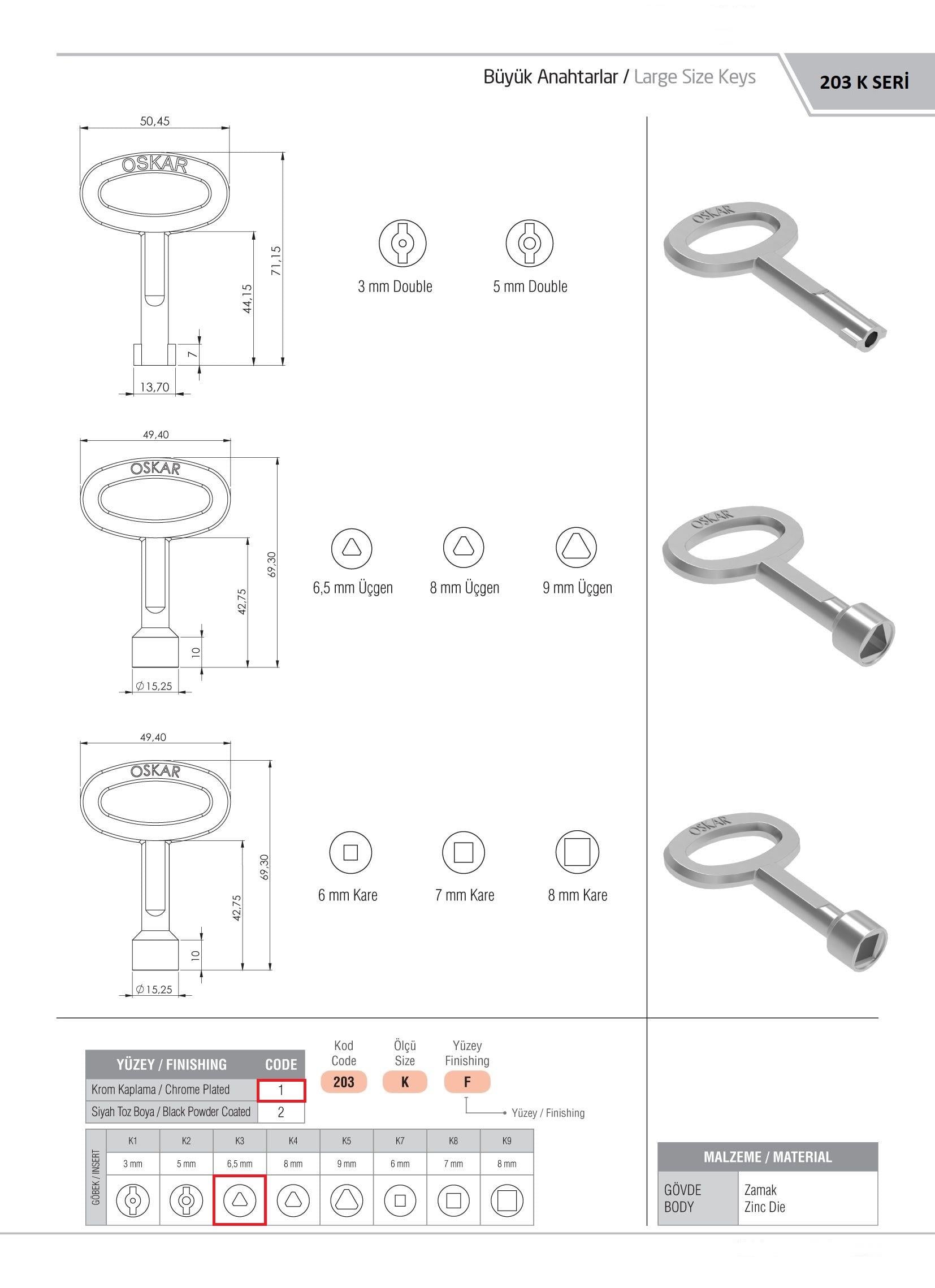 203.K3.1 - Büyük Boy 6,5MM Üçgen Anahtar Krom Kaplama - OSKAR - Kilit - Yaylı Pano Kilit Anahtarı - Büyük Boy