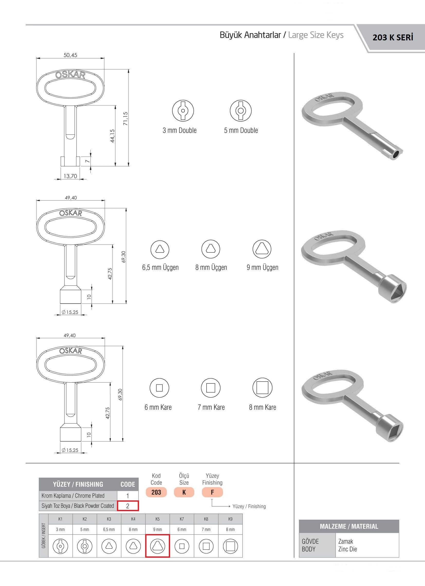 203.K5.2 - Büyük Boy 9MM Üçgen Anahtar Siyah Boyalı - OSKAR - Kilit - Yaylı Pano Kilit Anahtarı - Büyük Boy
