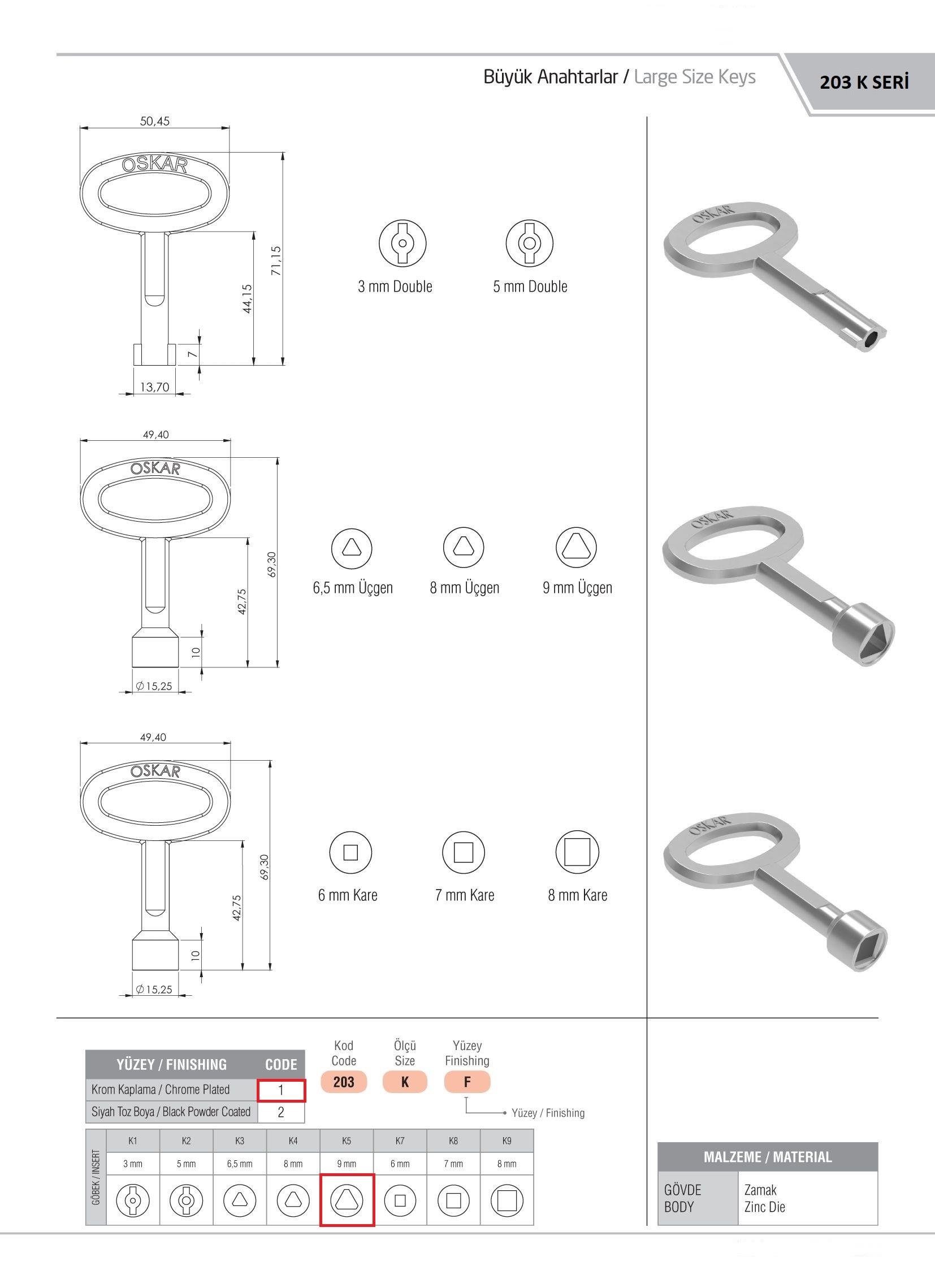 203.K5.1 - Büyük Boy 9MM Üçgen Anahtar Krom Kaplama - OSKAR - Kilit - Yaylı Pano Kilit Anahtarı - Büyük Boy