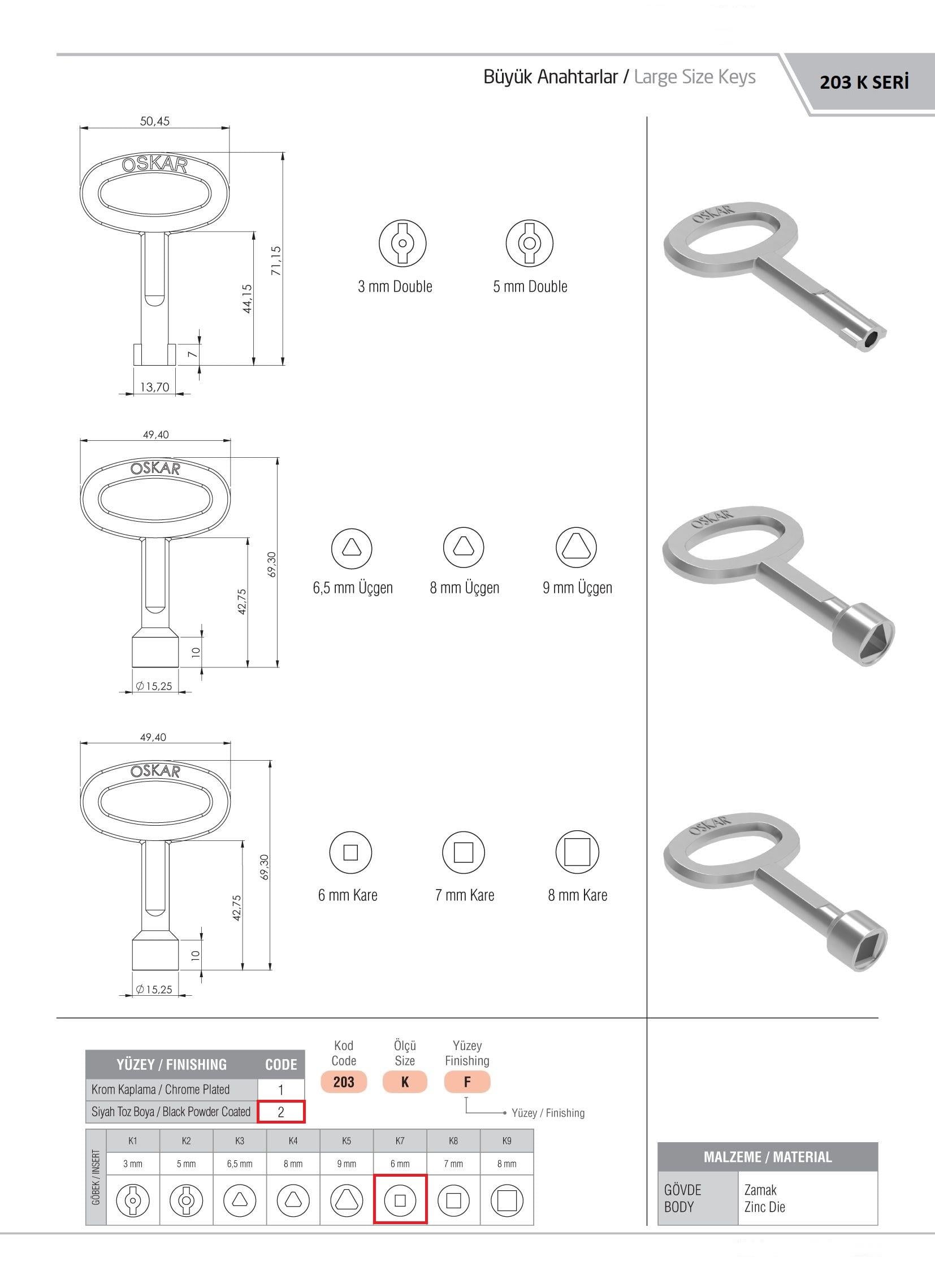 203.K7.2 - Büyük Boy 6MM Kare Anahtar Siyah Boyalı - OSKAR - Kilit - Yaylı Pano Kilit Anahtarı - Büyük Boy