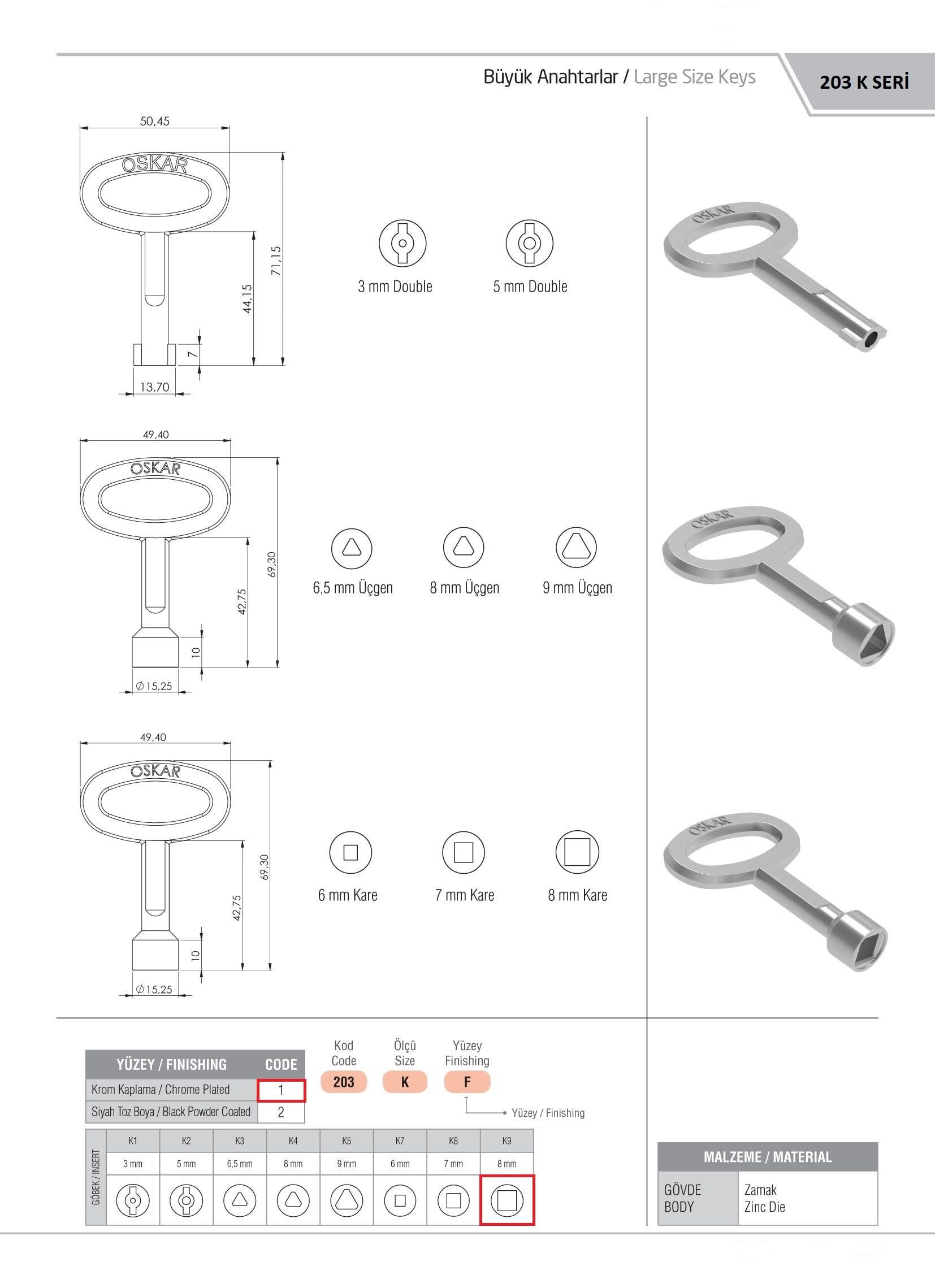 203.K9.1 - Büyük Boy 8MM Kare Anahtar Krom Kaplama - OSKAR - Kilit - Yaylı Pano Kilit Anahtarı - Büyük Boy