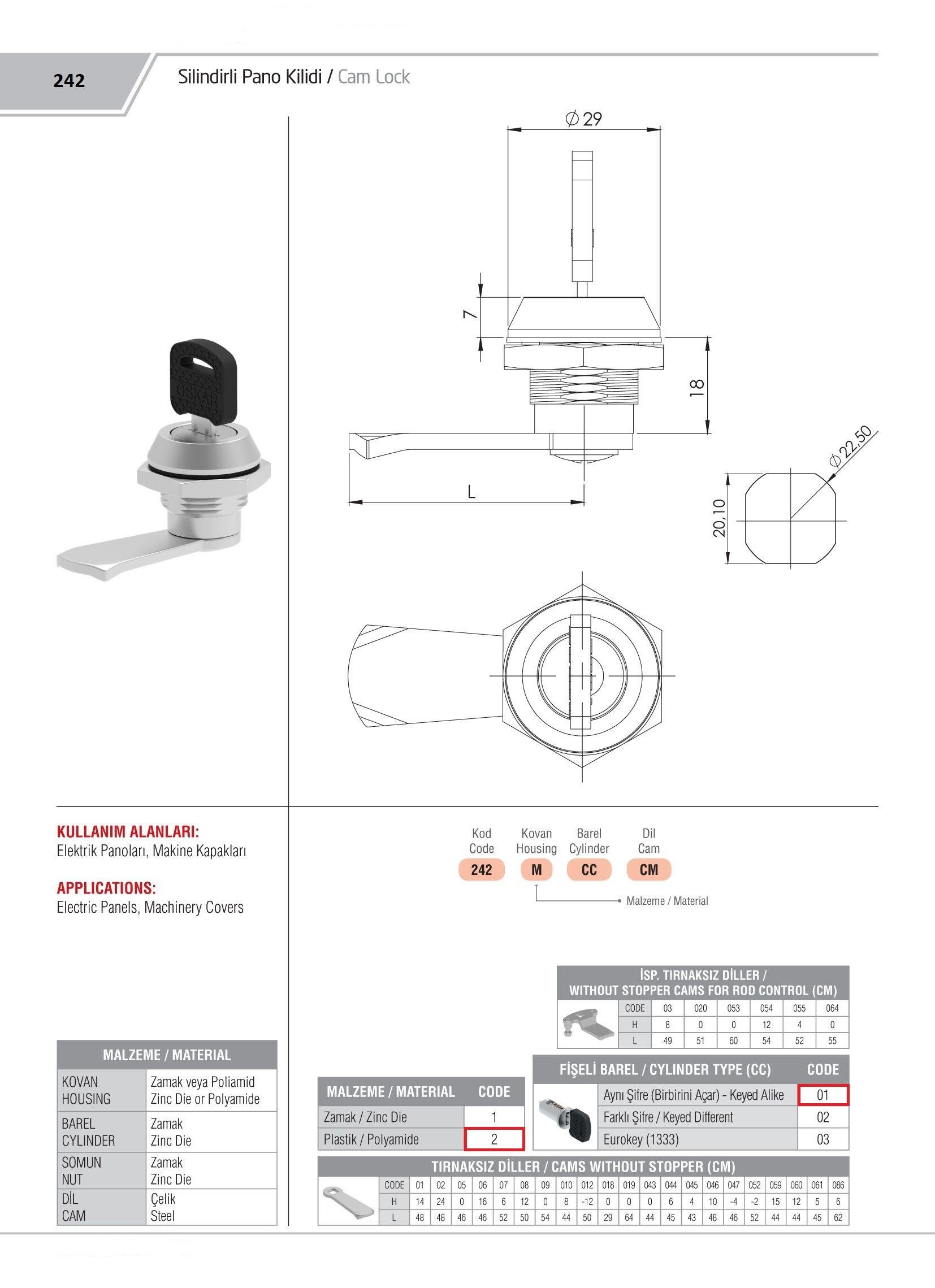 242.2.01.CM - Silindirli Pano Kilidi - Aynı Şifreli - Kovan Plastik ( Paslanmaz Toz Kapaklı ) - OSKAR - Kilit - Silindirli Pano Kilidi