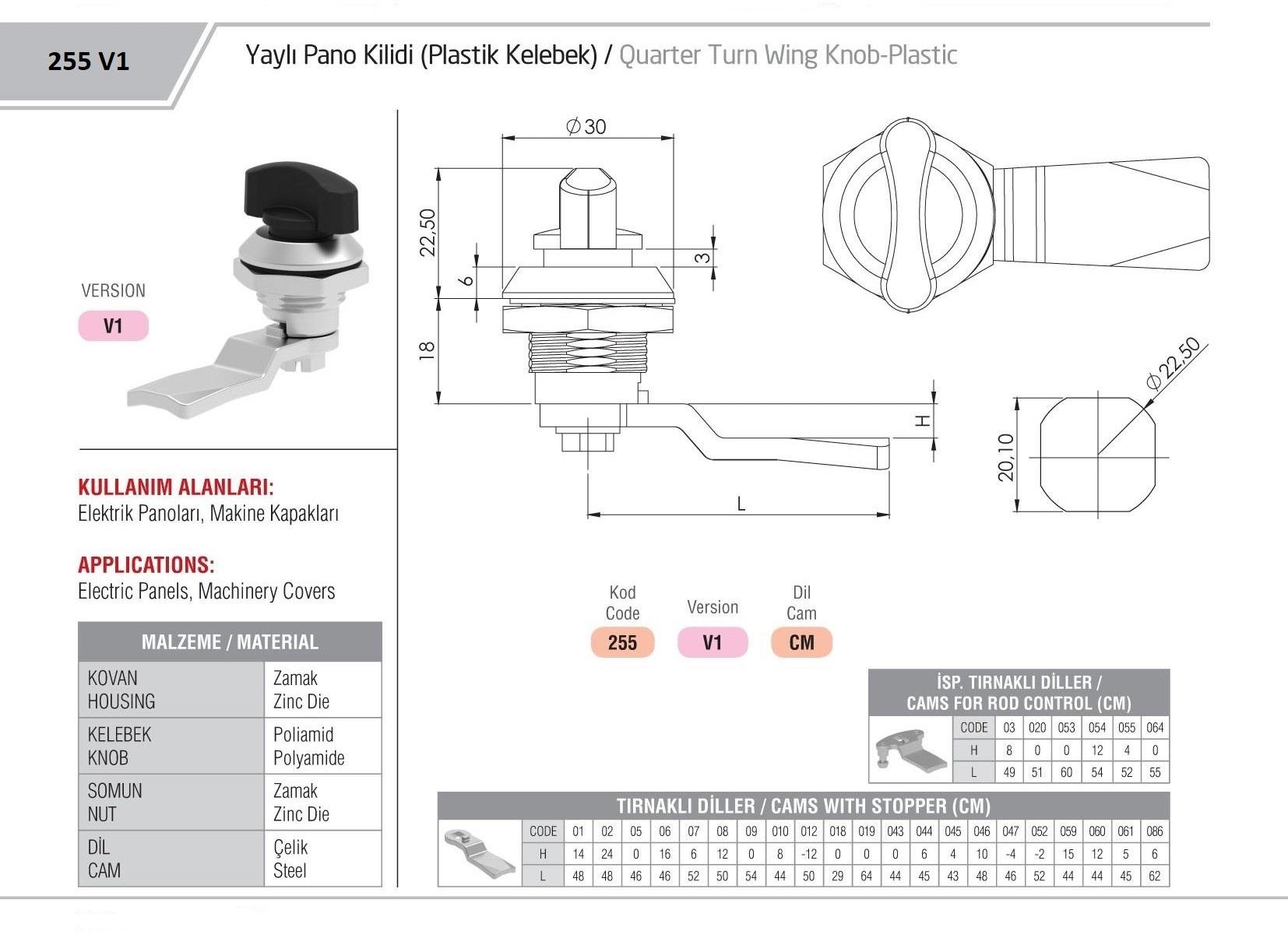 255.V1.CM - Kelebek Yaylı Pano Kilidi - Kovan Metal - Kelebek Plastik - OSKAR - Kilit - Yaylı Pano Kilidi