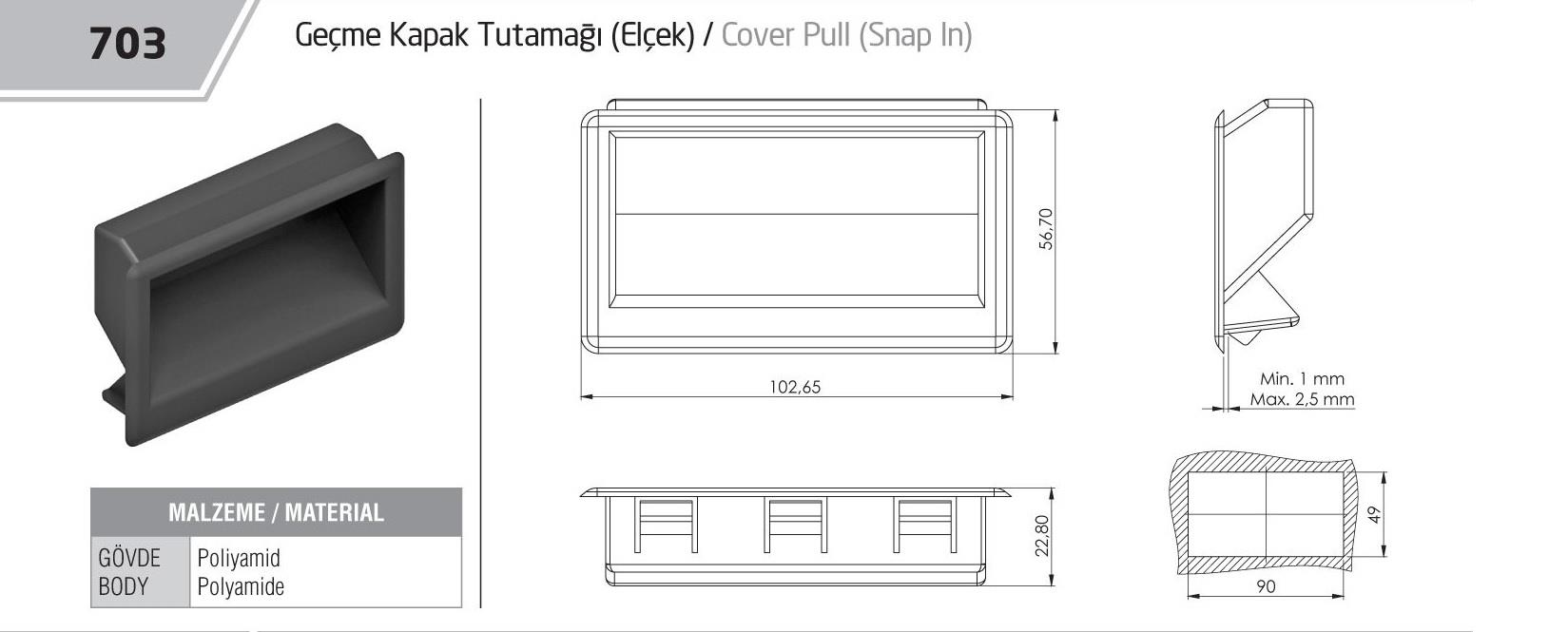 703.4 - Geçme Kapak Tutamağı Elçek Ral 7032 - OSKAR - Kilit - Yaylı Pano Kilit Anahtarı - Mini Boy