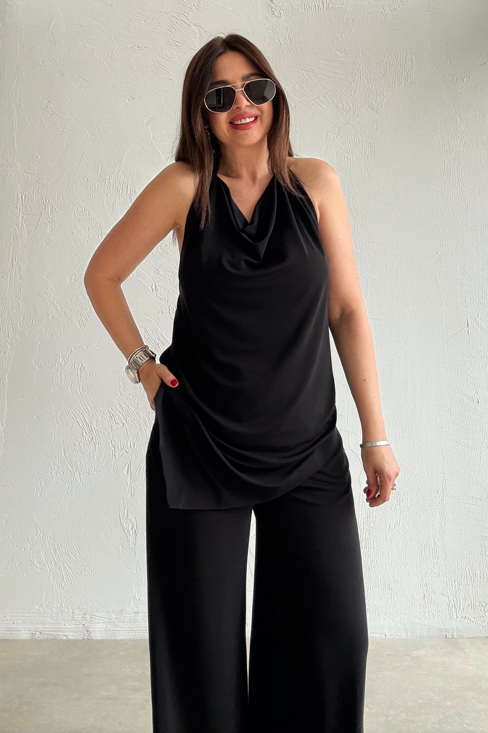 Asimetrik Bluz Pantolon Takım SİYAH