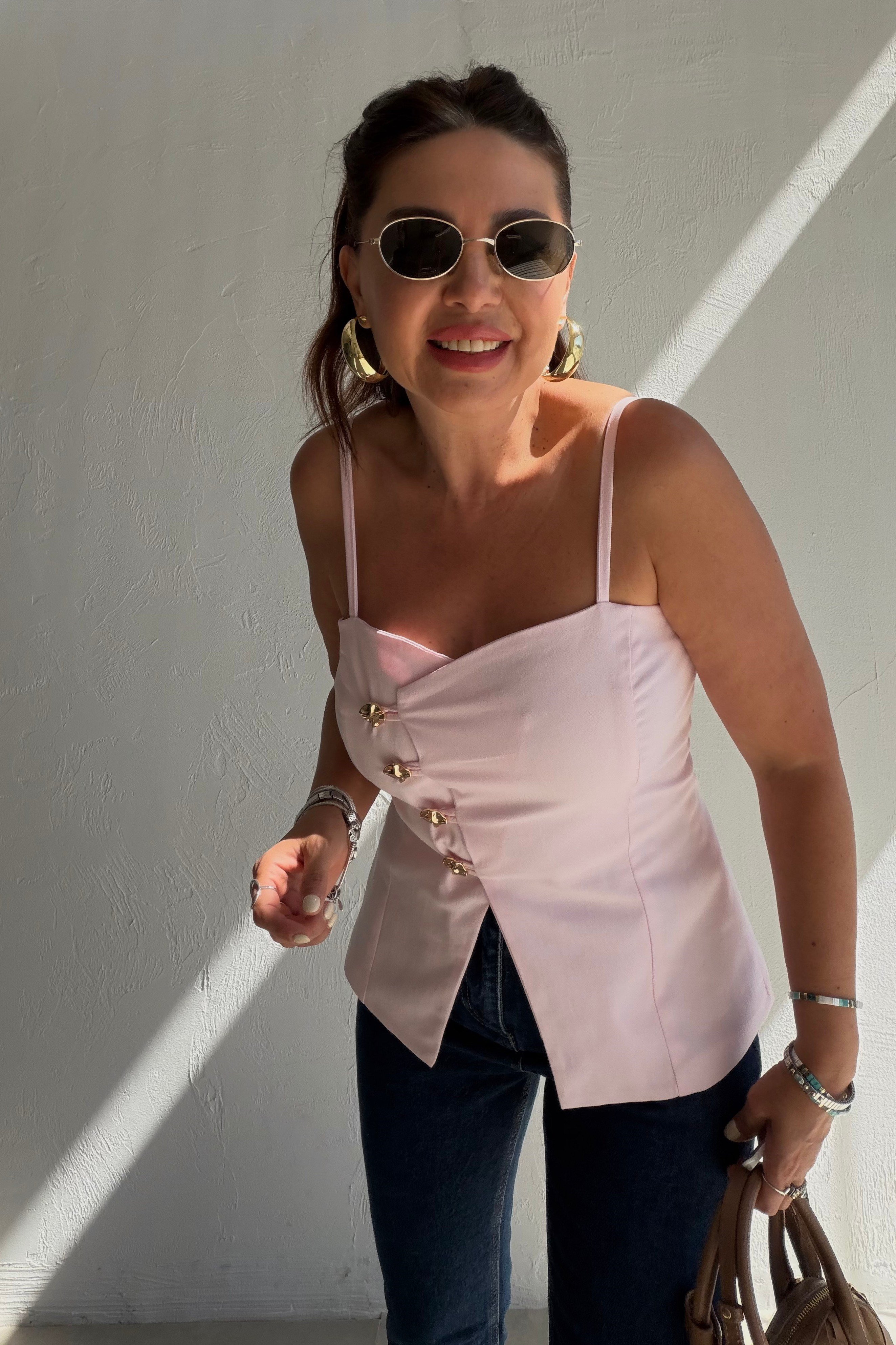 Askılı Düğmeli Bluz PEMBE