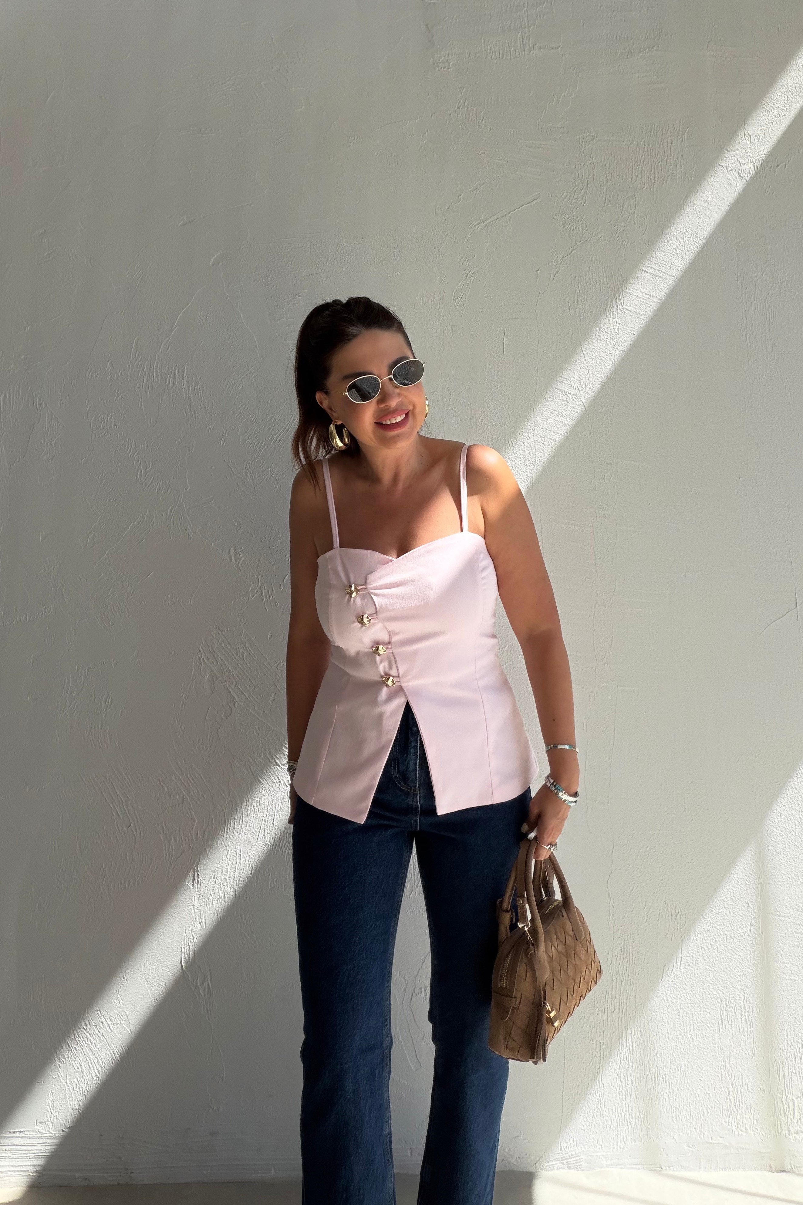 Askılı Düğmeli Bluz PEMBE