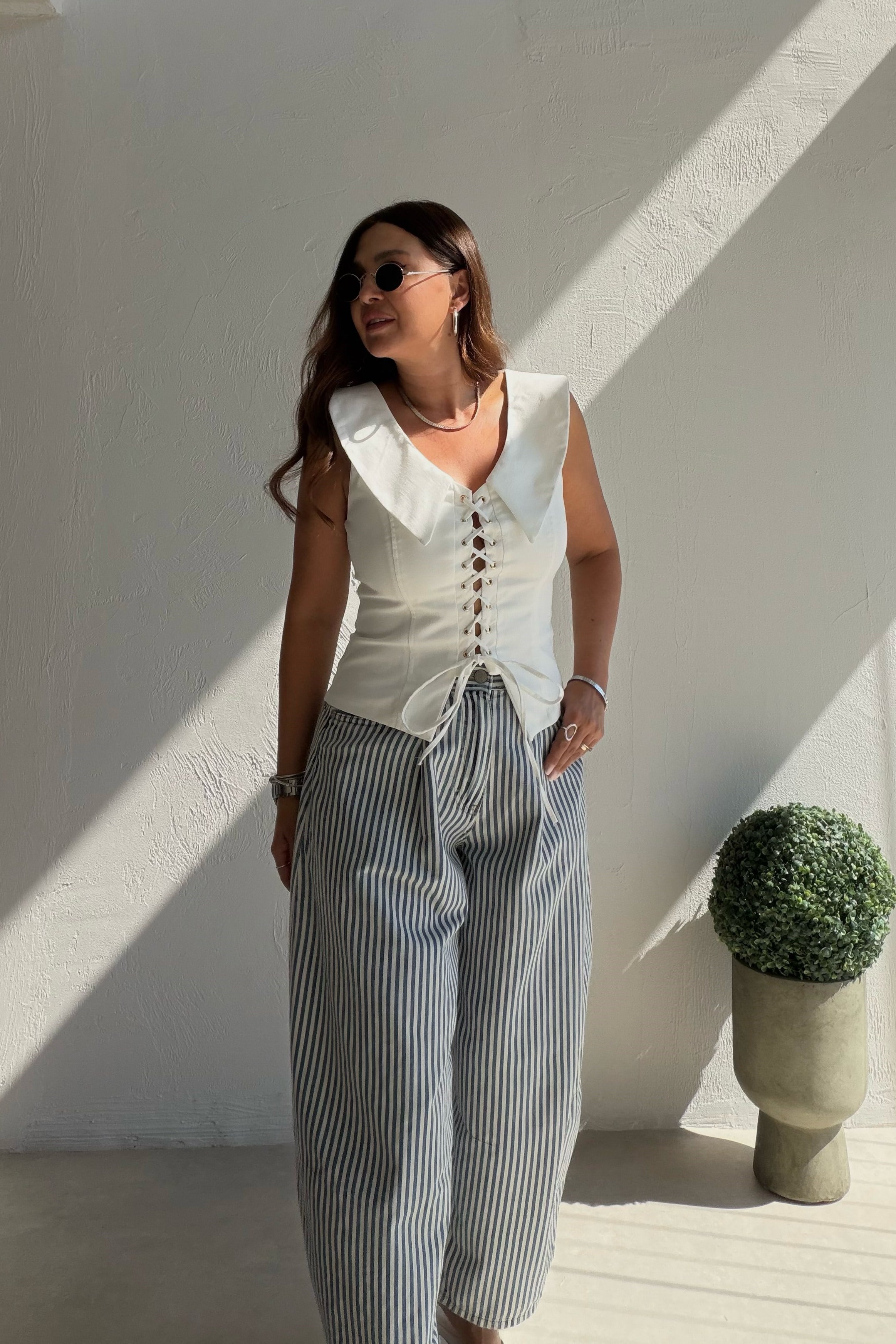 Bağcıklı Yaka Detaylı Korse Bluz BEYAZ