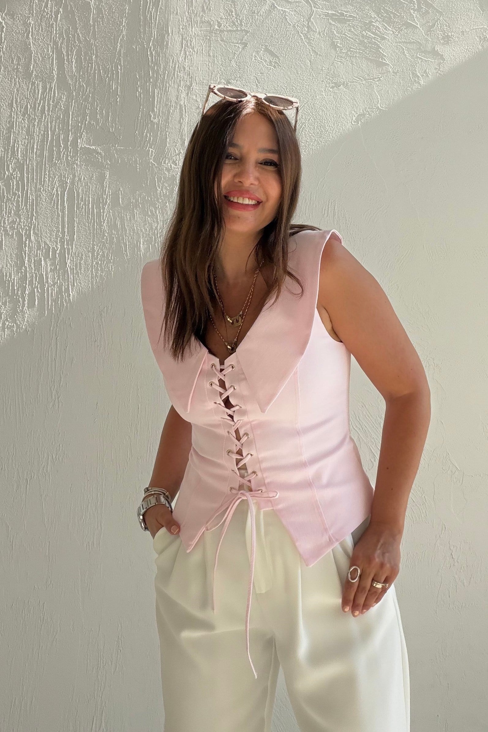 Bağcıklı Yaka Detaylı Korse Bluz PEMBE