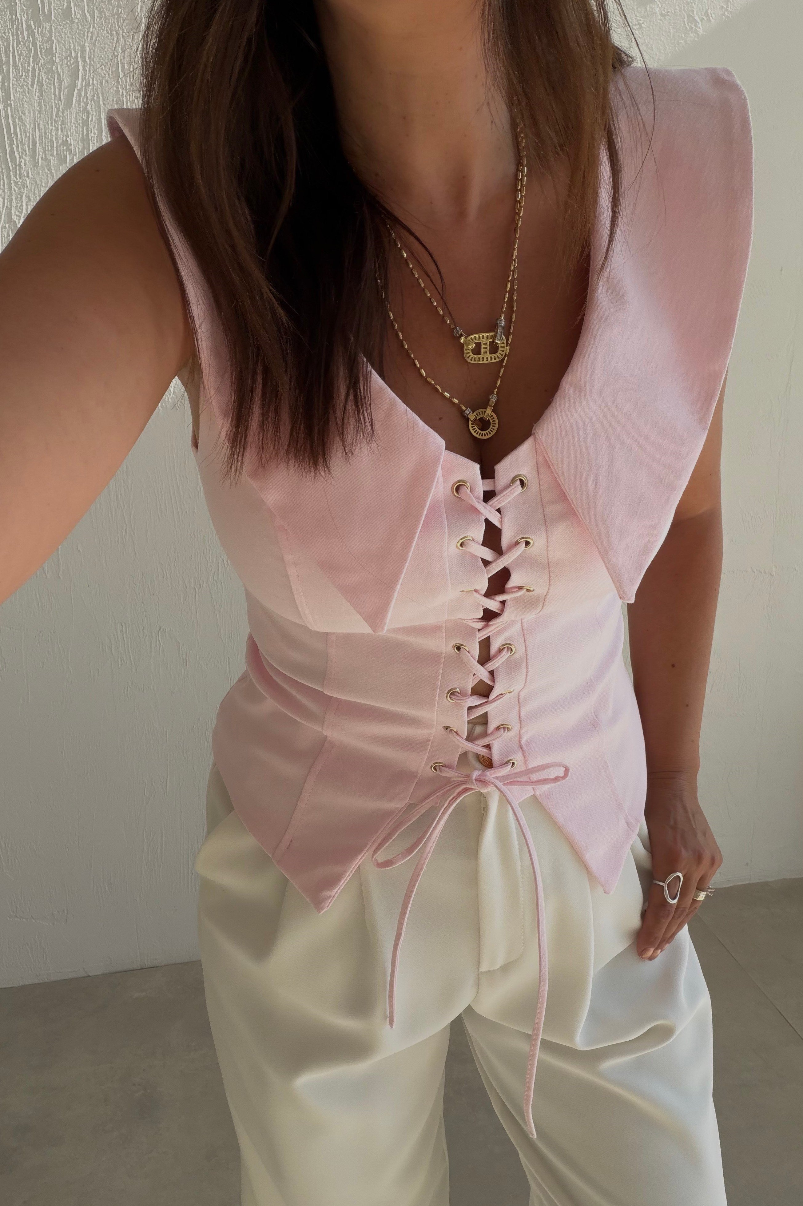 Bağcıklı Yaka Detaylı Korse Bluz PEMBE