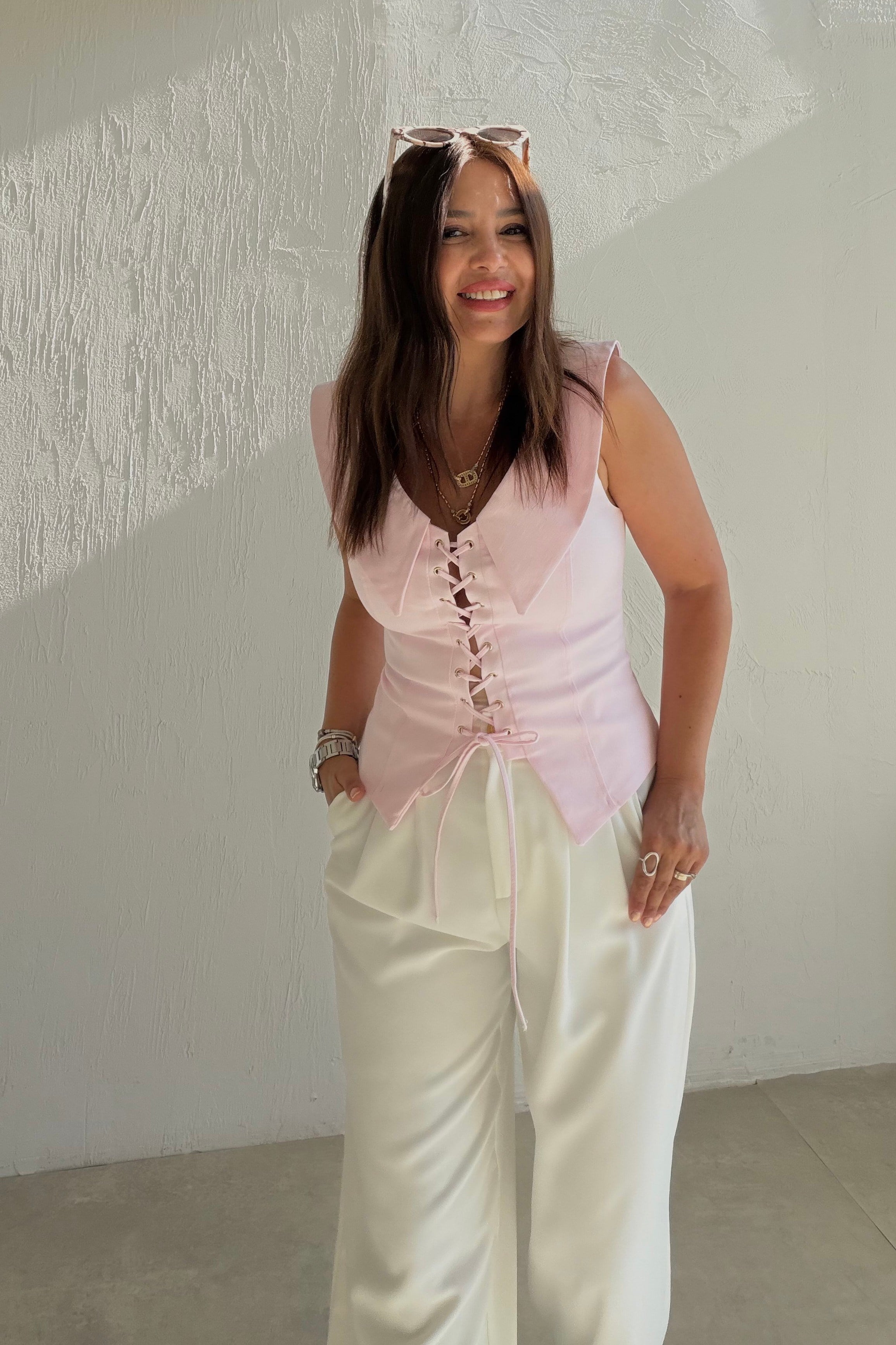 Bağcıklı Yaka Detaylı Korse Bluz PEMBE