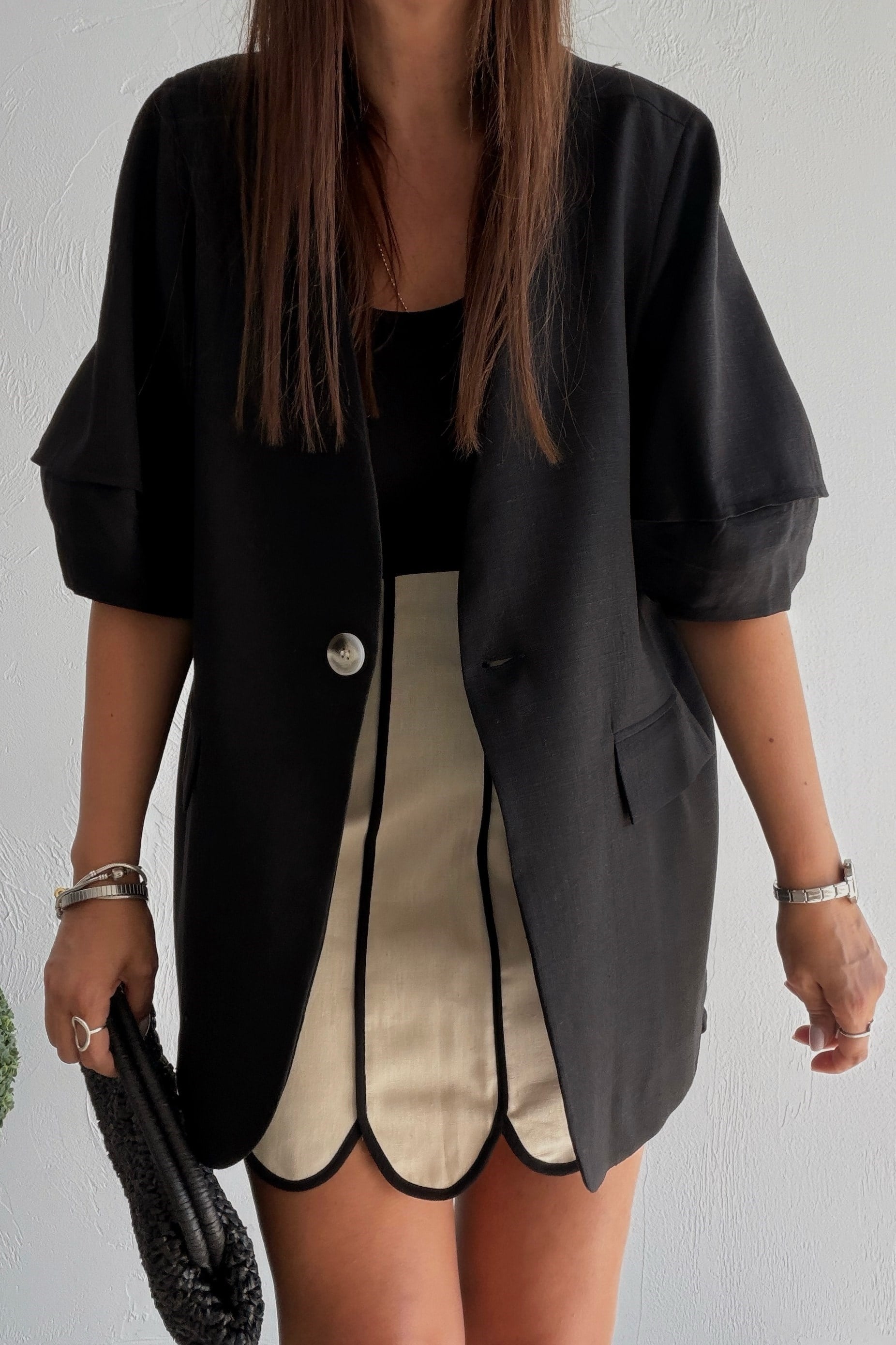 Balon Kollu Keten Blazer Ceket SİYAH